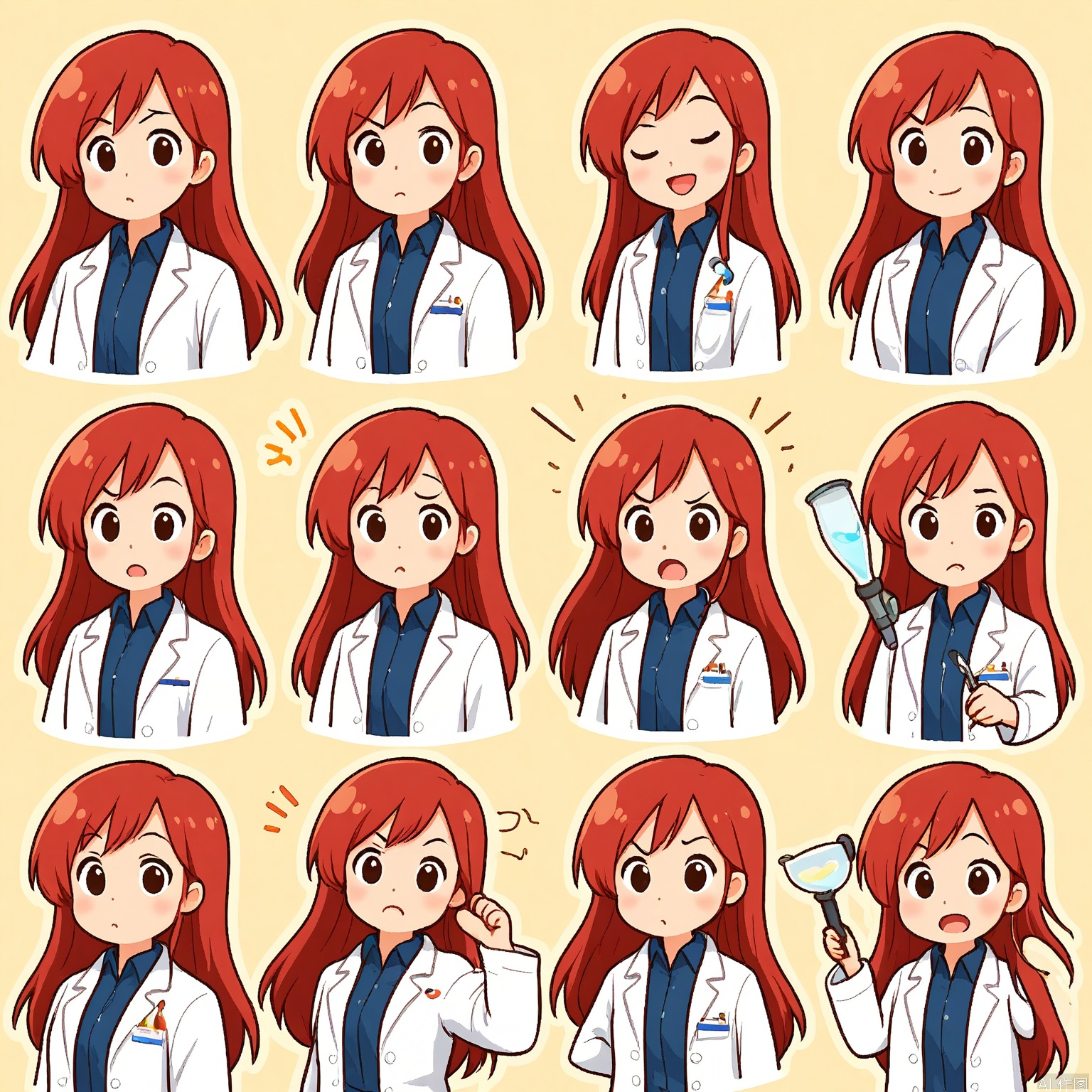 JSBQ, A set of digital drawings of a woman with long, red hair and a determined expression, wearing a scientist's lab coat. She is depicted in nine different expressions and poses, reflecting emotions like focus, discovery, and excitement. The background is a clean white, enhancing the professionalism of her look. The art style is scientific and detailed, with precise lines and realistic textures. Her lab coat is always neatly buttoned in each illustration, symbolizing her dedication to science. The overall mood is intelligent and curious.
