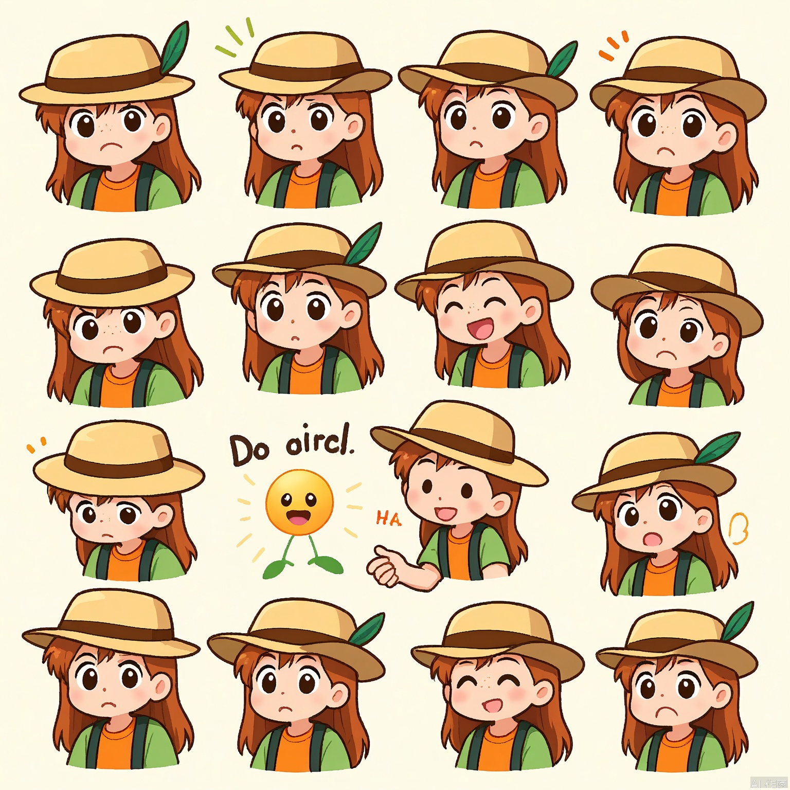 JSBQ, A digital emoji set featuring a young boy with freckles and a curious expression, wearing a safari hat. He is shown in nine expressions and poses, such as wonder, exploration, and excitement. The background is a stark white, emphasizing the adventurous spirit of his hat. The art style is jungle-inspired, with lush greens and tropical details. His hat is adorned with a small pin in each illustration, adding to his sense of discovery. The overall mood is adventurous and exploratory.
