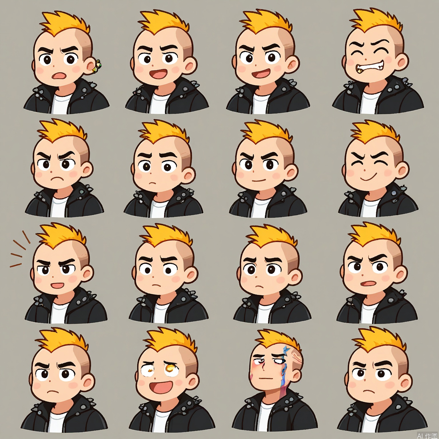JSBQ, A collection of digital illustrations of a young man with a mohawk and a rebellious expression, wearing a punk rock jacket. He is portrayed in nine different expressions and poses, embodying emotions like defiance, passion, and individuality. The background is a plain white, enhancing the edginess of his look. The art style is punk-inspired, with bold colors and angular lines. His jacket is always covered in patches and pins in each illustration, showcasing his unique style. The overall mood is bold and unapologetic.
