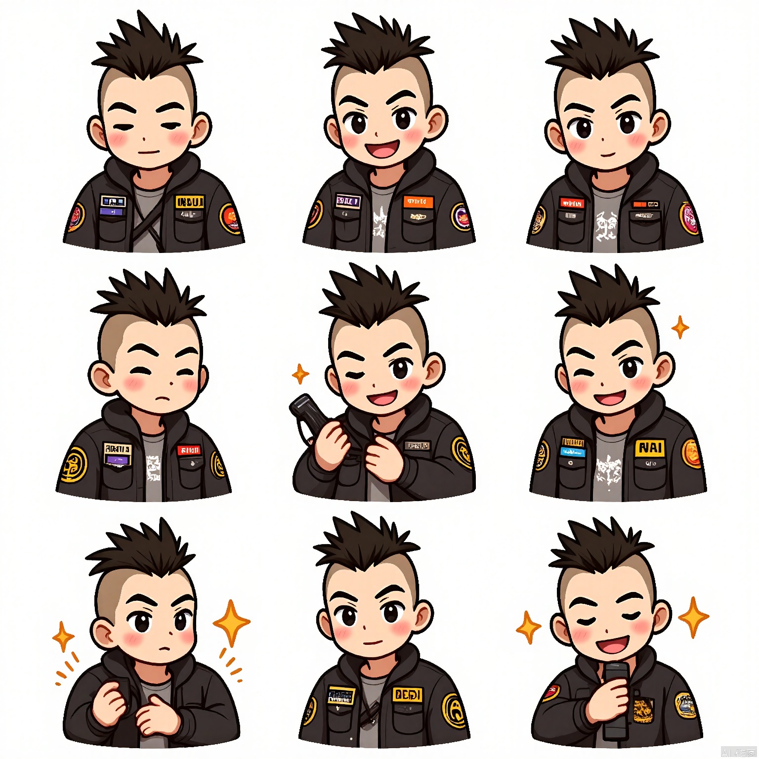 JSBQ, A collection of digital illustrations of a young man with a mohawk and a rebellious expression, wearing a punk rock jacket. He is portrayed in nine different expressions and poses, embodying emotions like defiance, passion, and individuality. The background is a plain white, enhancing the edginess of his look. The art style is punk-inspired, with bold colors and angular lines. His jacket is always covered in patches and pins in each illustration, showcasing his unique style. The overall mood is bold and unapologetic.
