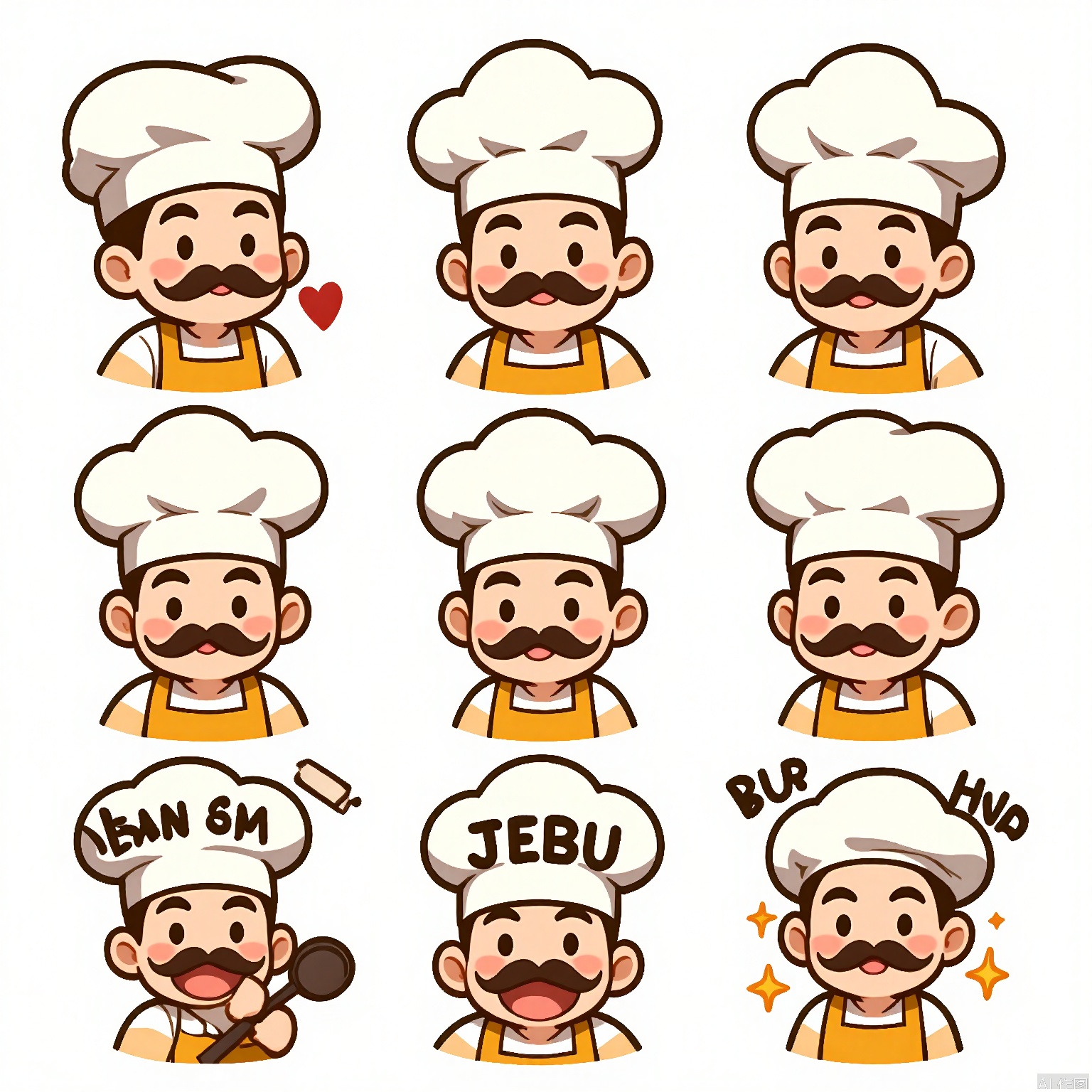 JSBQ, A collection of digital illustrations of a man with a mustache and a friendly expression, wearing a chef's hat. He is portrayed in nine different expressions and poses, embodying emotions like joy, creativity, and satisfaction. The background is a plain white, highlighting the vibrancy of his hat and apron. The art style is culinary-inspired, with food-themed details and warm hues. His hat sits jauntily on his head in each illustration, adding to his cheerful demeanor. The overall mood is warm and inviting.
