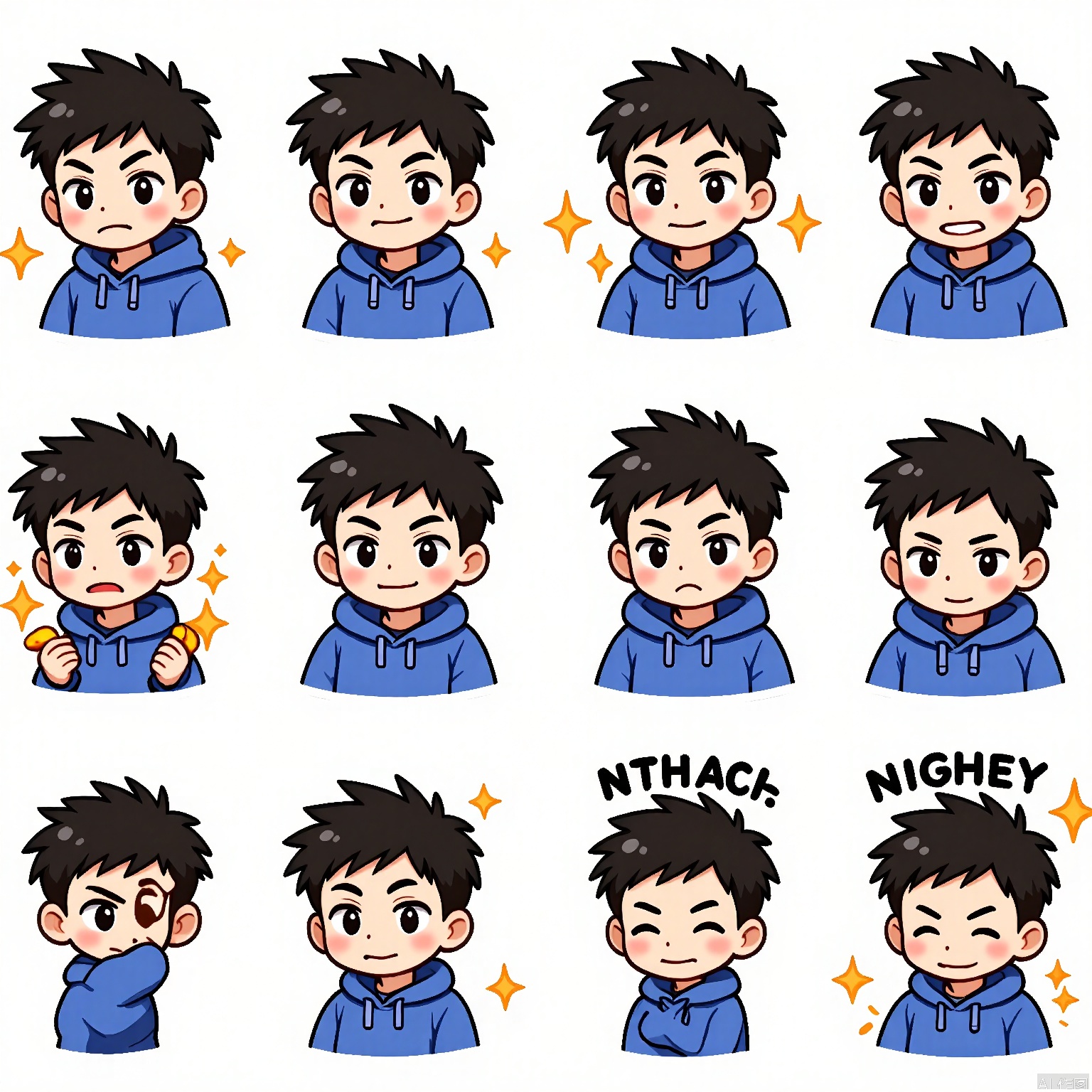 JSBQ, A digital illustration set featuring a young man with spiky black hair and a sly smile, donning a blue hoodie. He is portrayed in nine distinct expressions and poses, capturing emotions like mischief, amusement, and nonchalance. The background is a clean white, allowing his vibrant hoodie to pop. The art style is edgy and cartoonish, with bold lines and exaggerated features. His hair stands up in various directions, adding to his playful demeanor. The overall mood is cool and carefree.
