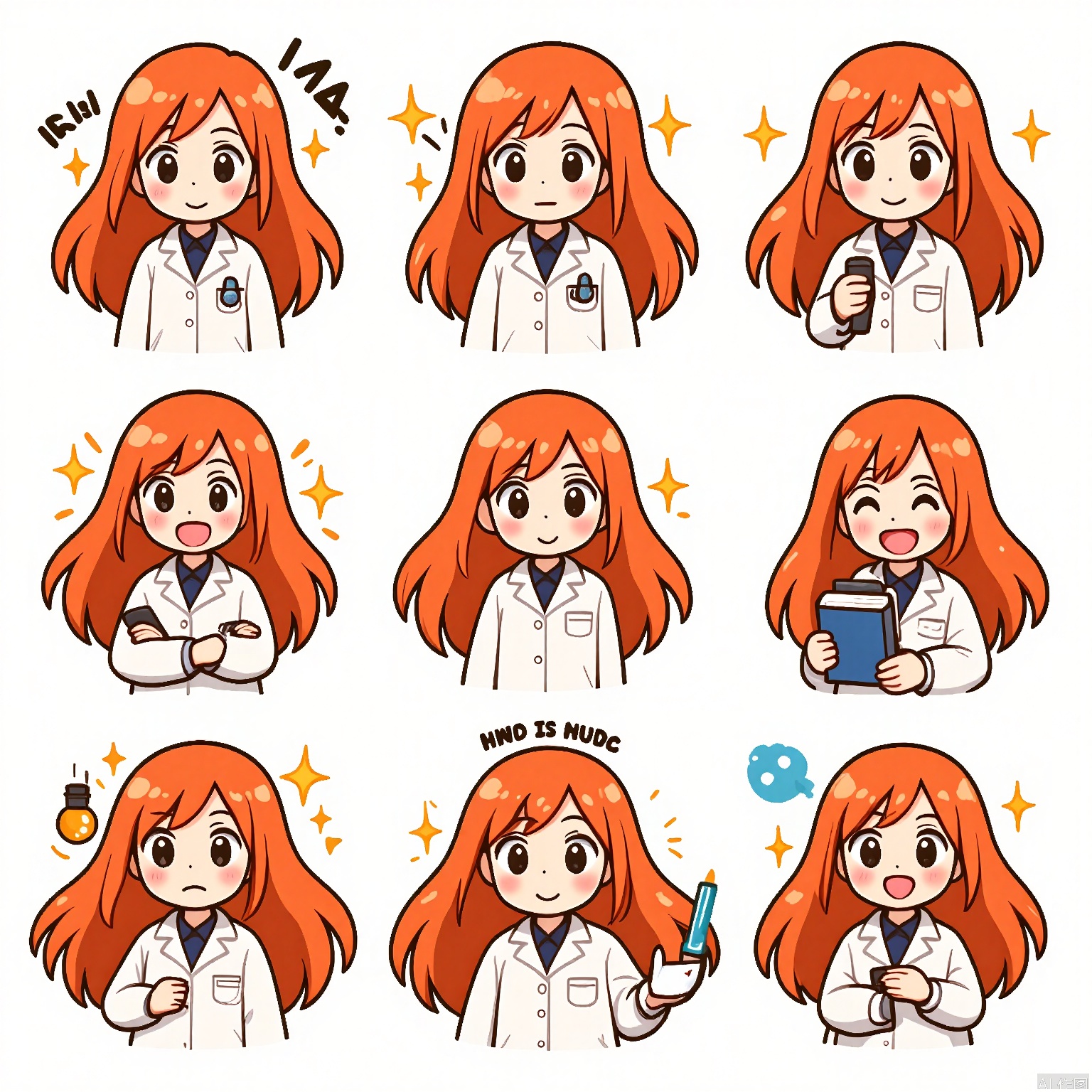JSBQ, A set of digital drawings of a woman with long, red hair and a determined expression, wearing a scientist's lab coat. She is depicted in nine different expressions and poses, reflecting emotions like focus, discovery, and excitement. The background is a clean white, enhancing the professionalism of her look. The art style is scientific and detailed, with precise lines and realistic textures. Her lab coat is always neatly buttoned in each illustration, symbolizing her dedication to science. The overall mood is intelligent and curious.
