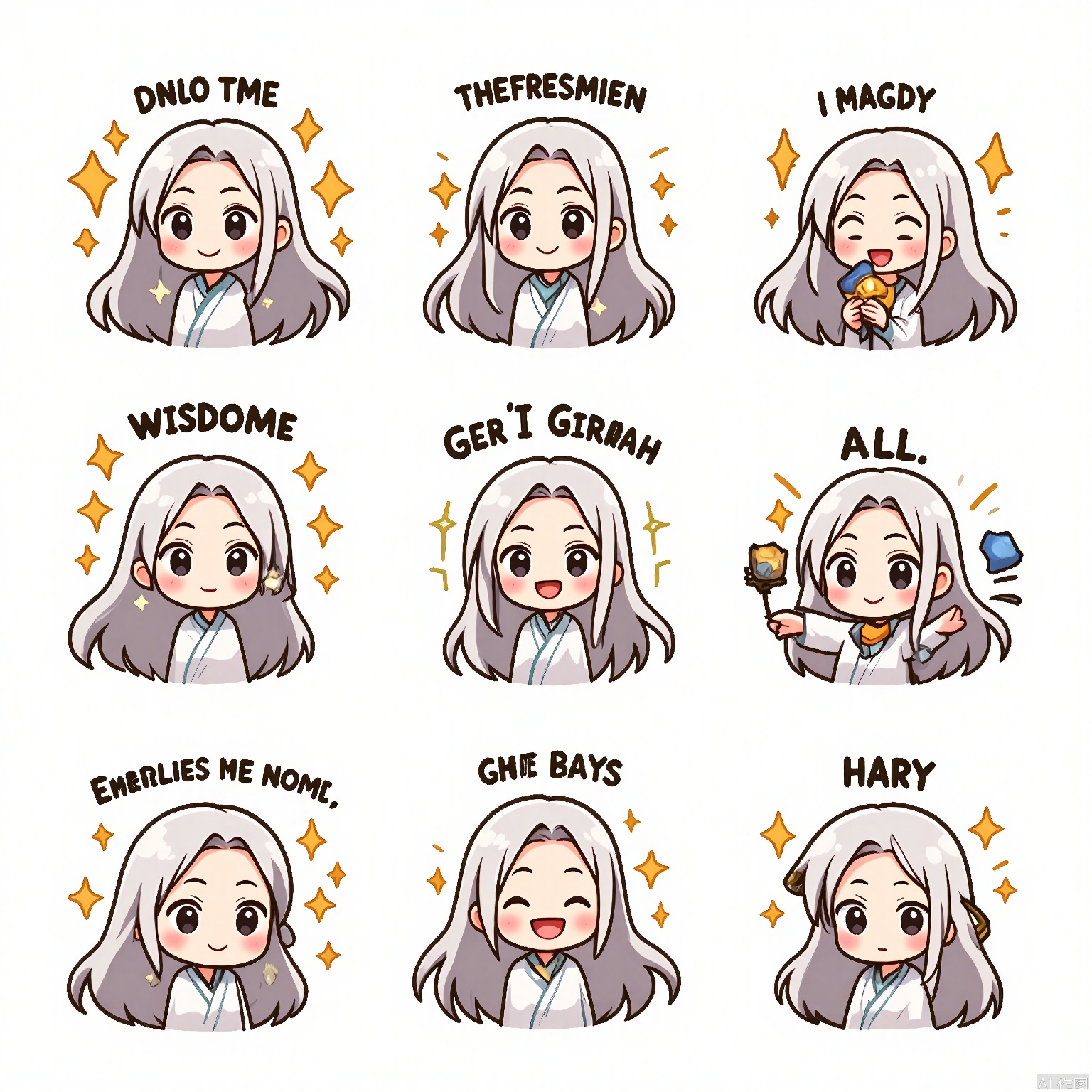 JSBQ, A digital emoji set featuring a woman with long, silver hair and a mystical expression, wearing a flowing robe. She is shown in nine expressions and poses, such as wisdom, magic, and serenity. The background is a stark white, emphasizing the elegance of her robe. The art style is fantasy-inspired, with intricate patterns and ethereal details. Her silver hair cascades gracefully in each frame, adding to her otherworldly aura. The overall mood is mystical and enchanting.
