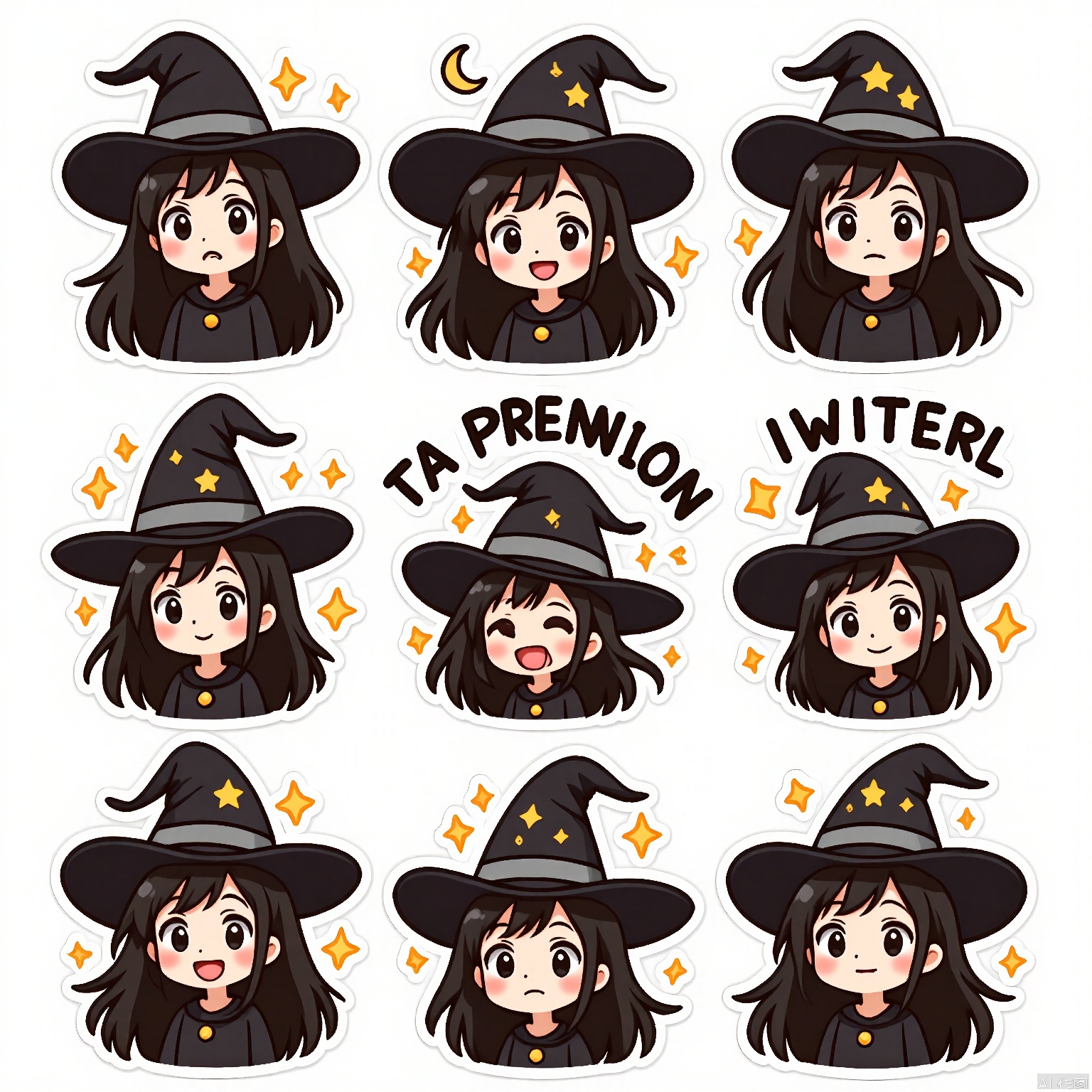 JSBQ, A digital sticker set featuring a woman with long, black hair and a mysterious expression, wearing a witch's hat. She is shown in nine varied expressions and poses, including magic, intrigue, and allure. The background is a simple white, creating a sense of mystery and enchantment. The art style is fantasy-inspired, with intricate patterns and dark hues. Her hat is adorned with stars and moons in each illustration, adding to her mystical aura. The overall mood is enchanting and mysterious.

