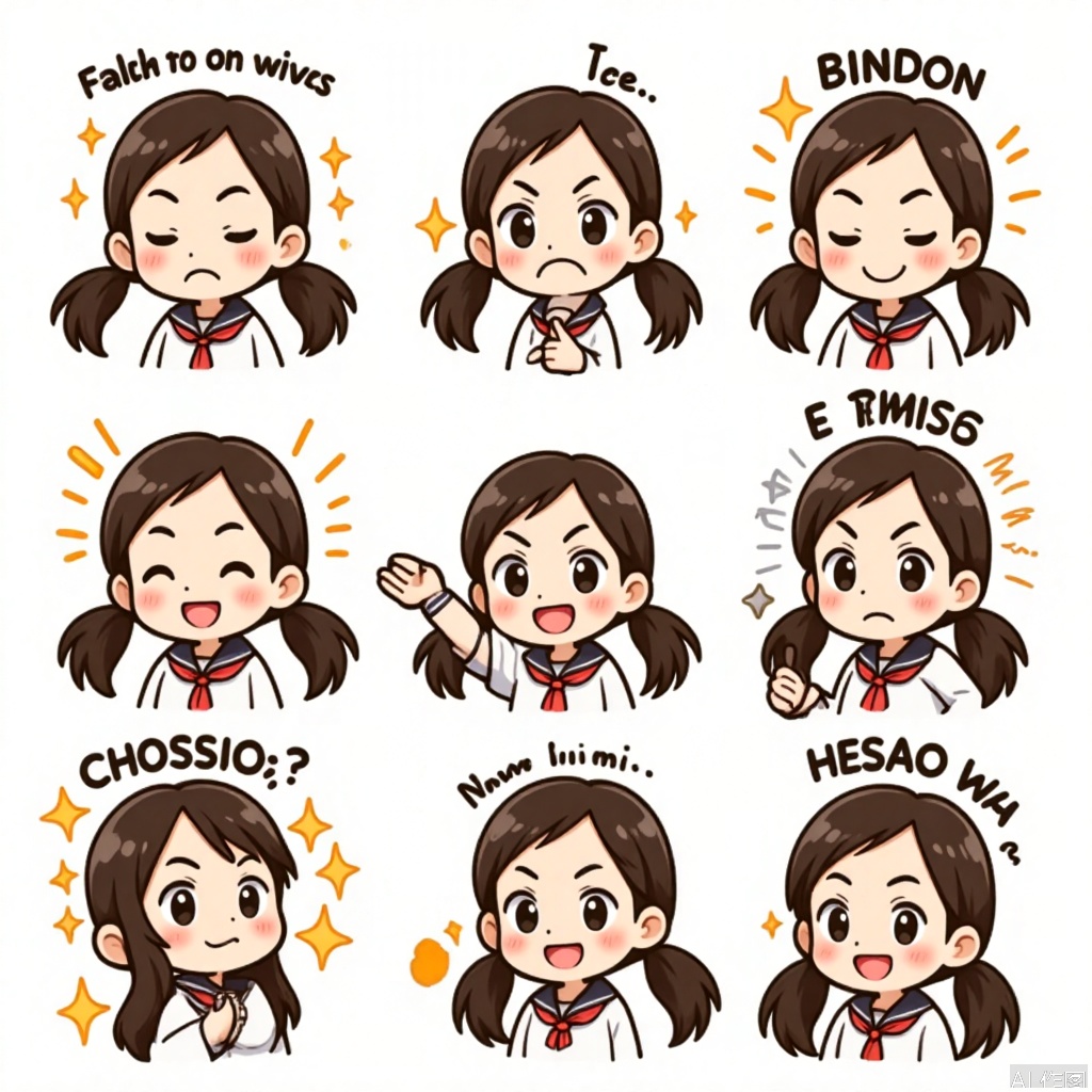 JSBQ, A digital emoji set featuring a young girl with pigtails and a mischievous expression, wearing a school uniform. She is shown in nine expressions and poses, such as playfulness, curiosity, and mischief. The background is a stark white, emphasizing the neatness of her uniform. The art style is school-inspired, with bright colors and playful details. Her pigtails bounce dynamically in each frame, adding to her lively spirit. The overall mood is youthful and fun.
