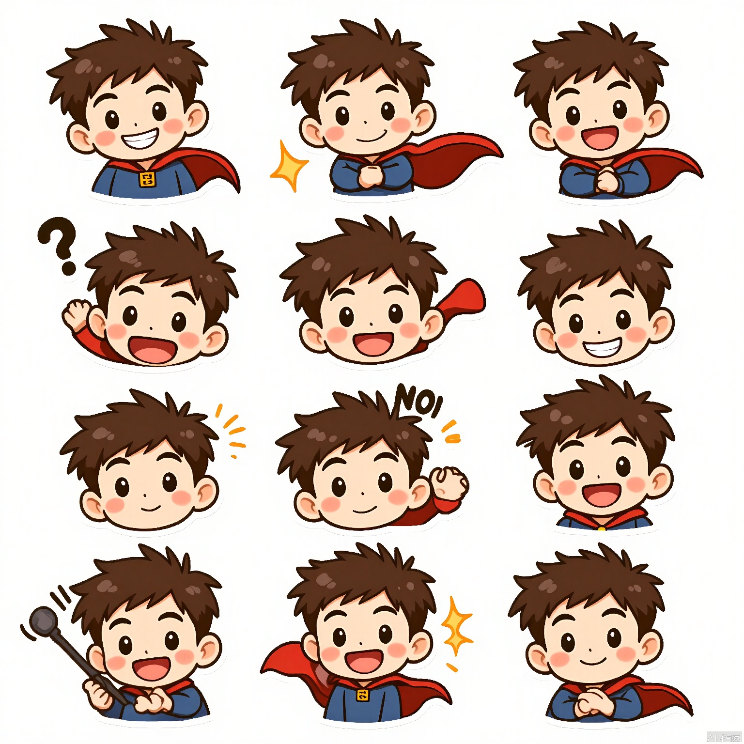 JSBQ, A digital emoji collection featuring a young boy with messy brown hair and a toothy grin, wearing a superhero cape. He is shown in nine expressions and poses, such as bravery, determination, and pure joy. The background is a stark white, emphasizing the vibrancy of his cape. The art style is comic book-inspired, with bold outlines and dynamic poses. His cape billows dramatically in each frame, showcasing his heroic spirit. The overall mood is adventurous and heroic.
