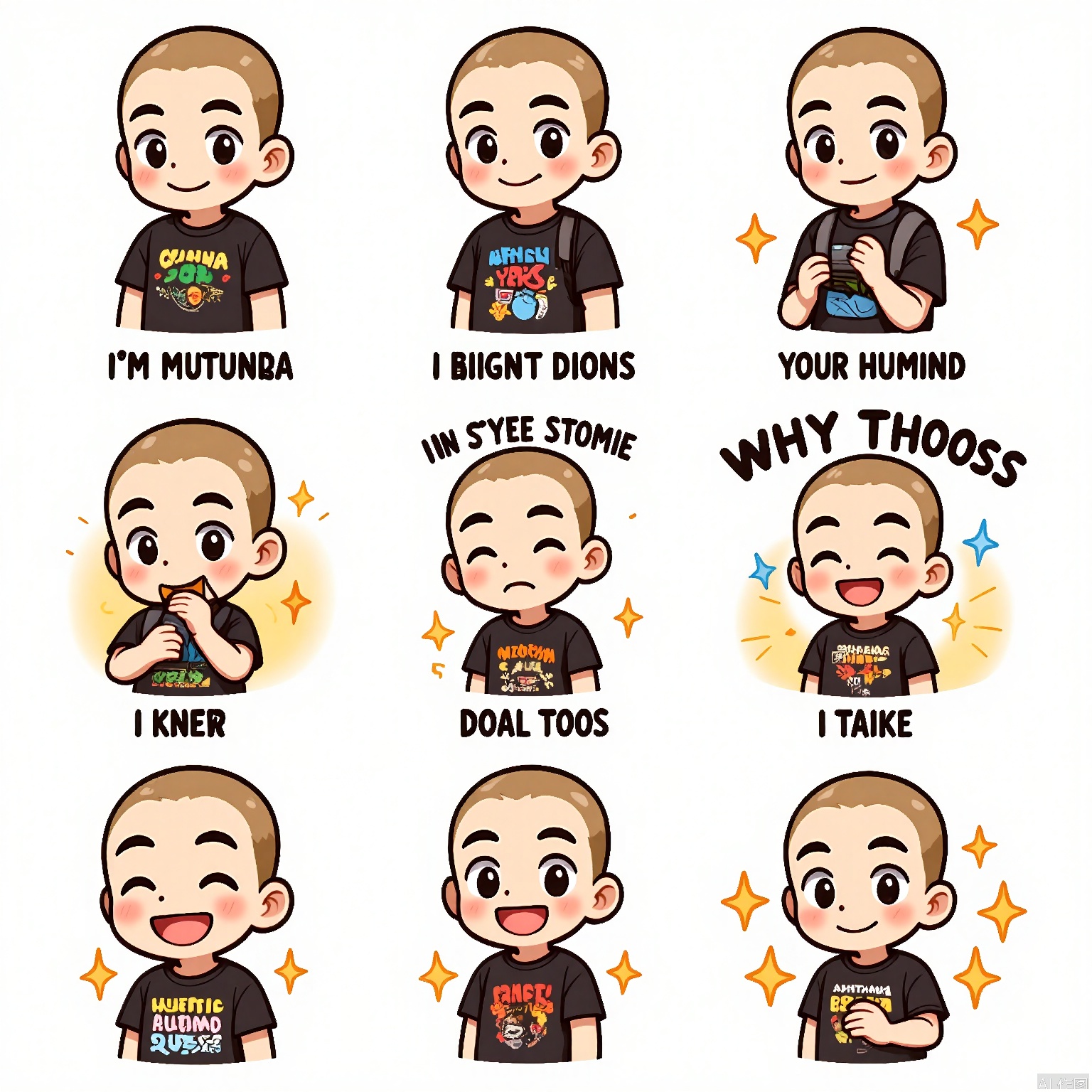JSBQ, A set of digital drawings of a young man with a buzz cut and a laid-back expression, wearing a graphic tee. He is depicted in nine different expressions and poses, reflecting emotions like relaxation, humor, and nonchalance. The background is a clean white, enhancing the boldness of his tee's design. The art style is urban and street-inspired, with graffiti-like elements and vibrant colors. His tee features a unique design in each illustration, showcasing his individuality. The overall mood is cool and casual.
