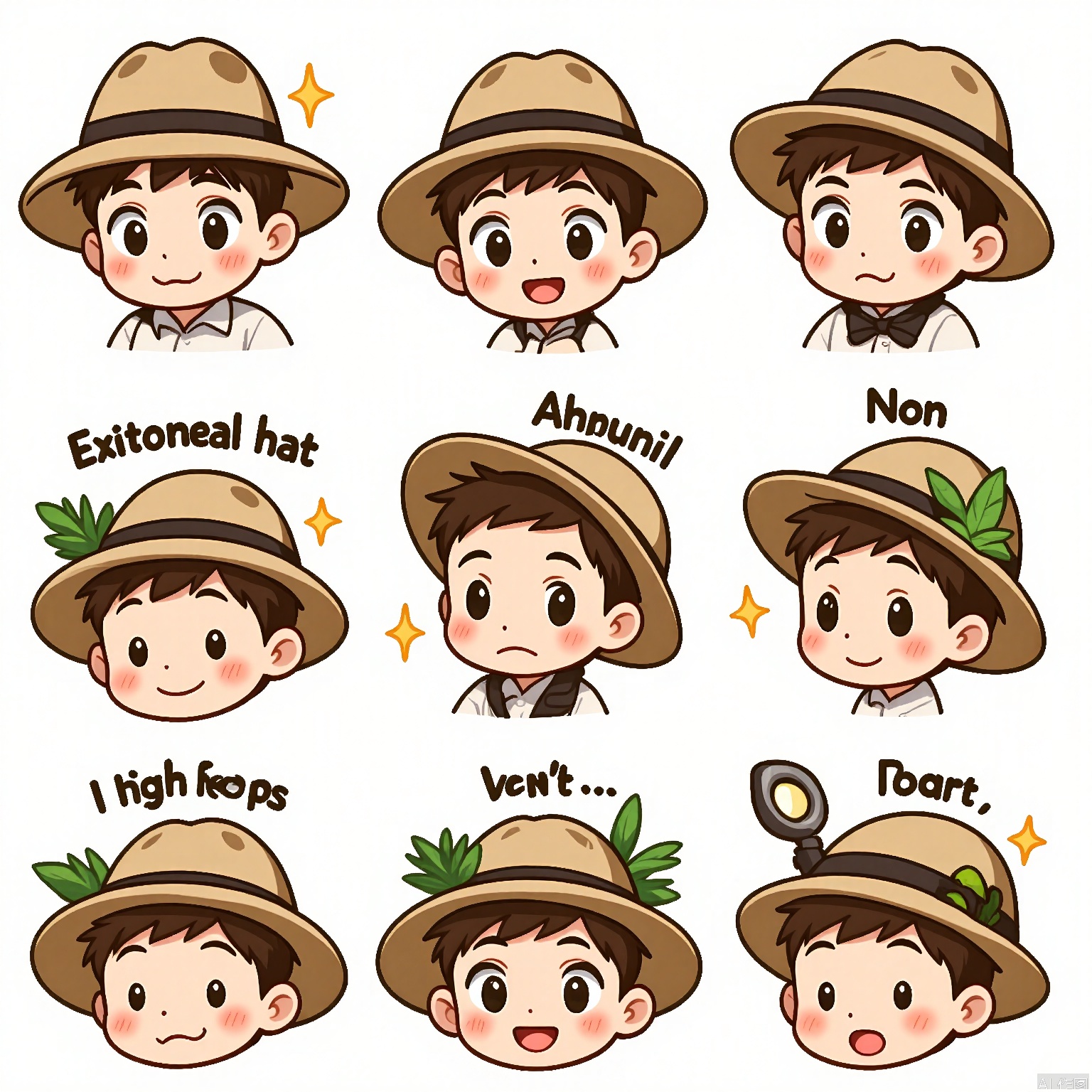 JSBQ, A digital emoji set featuring a young boy with freckles and a curious expression, wearing a safari hat. He is shown in nine expressions and poses, such as wonder, exploration, and excitement. The background is a stark white, emphasizing the adventurous spirit of his hat. The art style is jungle-inspired, with lush greens and tropical details. His hat is adorned with a small pin in each illustration, adding to his sense of discovery. The overall mood is adventurous and exploratory.
