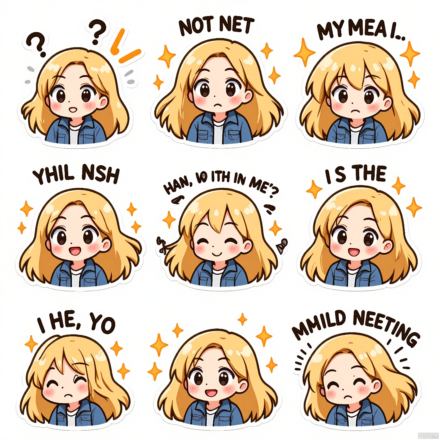 JSBQ, A digital sticker set featuring a teenage girl with long, wavy blonde hair and a curious expression, wearing a denim jacket. She is shown in nine varied expressions and poses, including wonder, excitement, and contemplation. The background is a crisp white, making her jacket's blue stand out. The art style is modern and sleek, with clean lines and a minimalist touch. Her hair flows dynamically in each frame, adding to her sense of adventure. The overall mood is youthful and exploratory.
