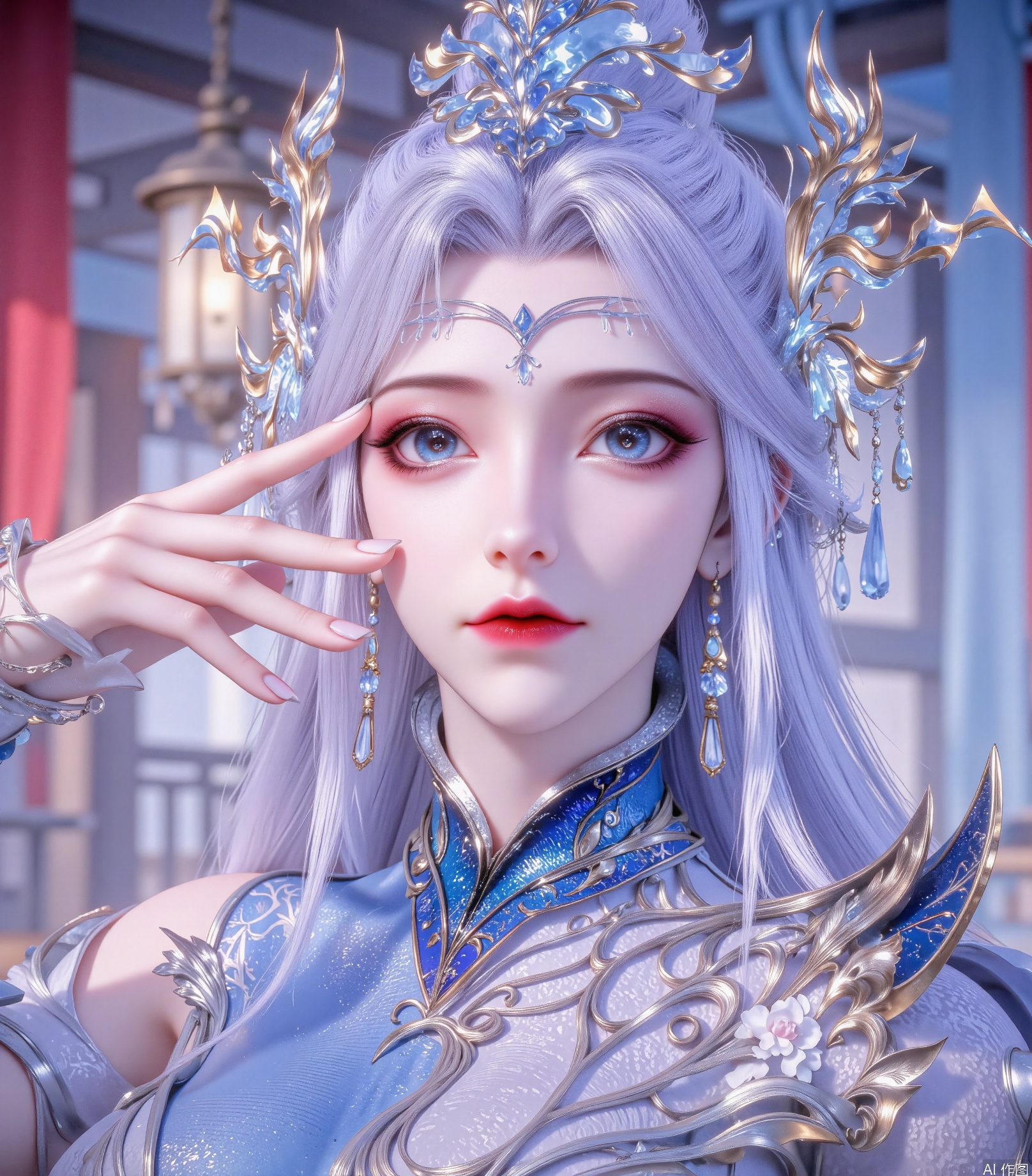 A young woman with long silver-gray hair, drooping blue eyes, bright and vivid, delicate eye makeup, thick and slender eyelashes, red smudges at the corners of her eyes, shiny highlights around her eyes, cherry mouth, silver curved decoration and blue pendant on her forehead, extremely gorgeous and complex golden and silver intersecting headdress, sharp wing-shaped and draped ornaments, blue pendant on her forehead, silver exquisite earrings, wearing blue gray gradient ancient style long skirt, with a large number of golden patterns and decorations, exquisite metal pattern shapes on her chest and waist, transparent tulle and wing-shaped decorations on her shoulders, one meter long legs, delicate and white skin, wearing light blue ancient style shoes, silver lines and flowers decorations on her shoes, silver chains at her ankles, and a blurred red and blue gradient tones, with dreamy light and shadow effect, ancient style fantasy style