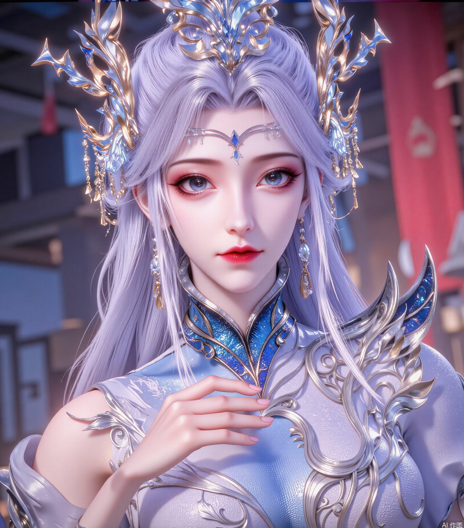 A young woman with long silver-gray hair cascading down her back, wears a striking headdress of intersecting golden and silver filigree, adorned with sharp wing-shaped ornaments that drape elegantly around her face. Her bright blue eyes droop slightly at the corners, smudged with redness, while delicate eyelashes frame them perfectly. A cherry-red mouth curves upwards, hinting at a playful smile. The lighting casts a dreamy glow, accentuating the transparent tulle and wing-shaped decorations on her shoulders, as well as the intricate metal patterns on her chest and waist. Her long, slender legs are clad in a blue-gray gradient ancient-style skirt, adorned with golden patterns and delicate silver chains at her ankles. The overall effect is one of ethereal beauty, captured in a blurred red and blue gradient tone that seems to pulse with an otherworldly energy.