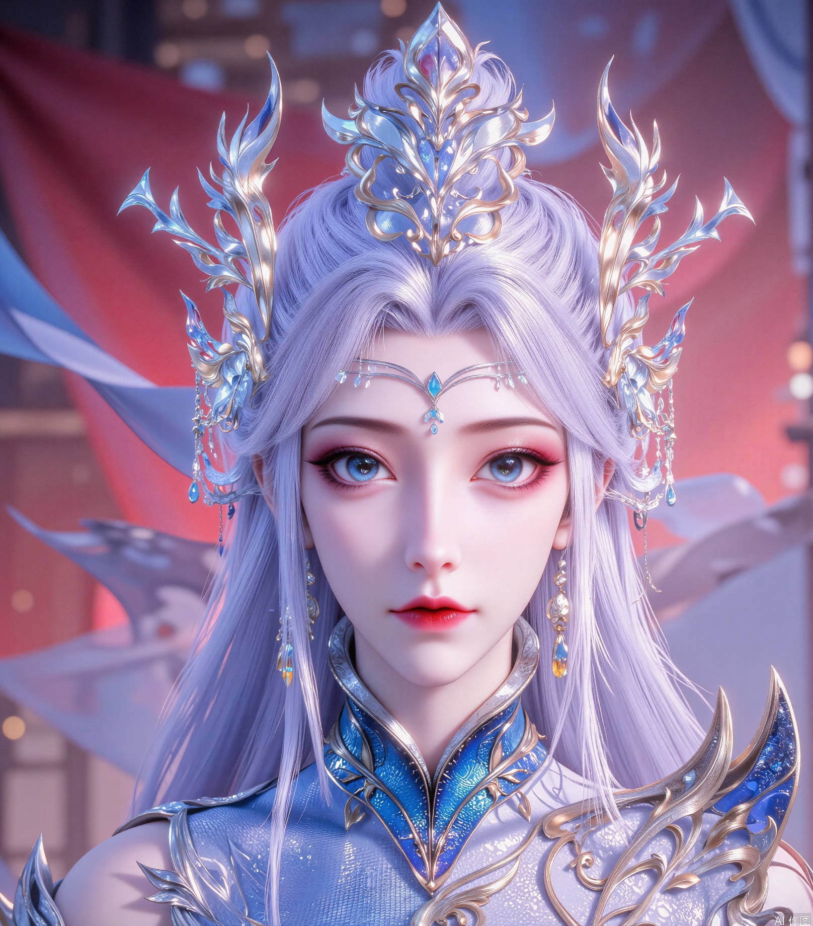 A young woman with long silver-gray hair, drooping blue eyes, bright and vivid, delicate eye makeup, thick and slender eyelashes, red smudges at the corners of her eyes, shiny highlights around her eyes, cherry mouth, silver curved decoration and blue pendant on her forehead, extremely gorgeous and complex golden and silver intersecting headdress, sharp wing-shaped and draped ornaments, blue pendant on her forehead, silver exquisite earrings, wearing blue gray gradient ancient style long skirt, with a large number of golden patterns and decorations, exquisite metal pattern shapes on her chest and waist, transparent tulle and wing-shaped decorations on her shoulders, one meter long legs, delicate and white skin, wearing light blue ancient style shoes, silver lines and flowers decorations on her shoes, silver chains at her ankles, and a blurred red and blue gradient tones, with dreamy light and shadow effect, ancient style fantasy style