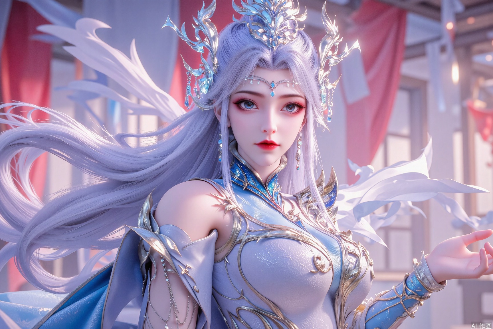 A young woman with long silver-gray hair, drooping blue eyes, bright and vivid, delicate eye makeup, thick and slender eyelashes, red smudges at the corners of her eyes, shiny highlights around her eyes, cherry mouth, silver curved decoration and blue pendant on her forehead, extremely gorgeous and complex golden and silver intersecting headdress, sharp wing-shaped and draped ornaments, blue pendant on her forehead, silver exquisite earrings, wearing blue gray gradient ancient style long skirt, with a large number of golden patterns and decorations, exquisite metal pattern shapes on her chest and waist, transparent tulle and wing-shaped decorations on her shoulders, one meter long legs, delicate and white skin, wearing light blue ancient style shoes, silver lines and flowers decorations on her shoes, silver chains at her ankles, and a blurred red and blue gradient tones, with dreamy light and shadow effect, ancient style fantasy style