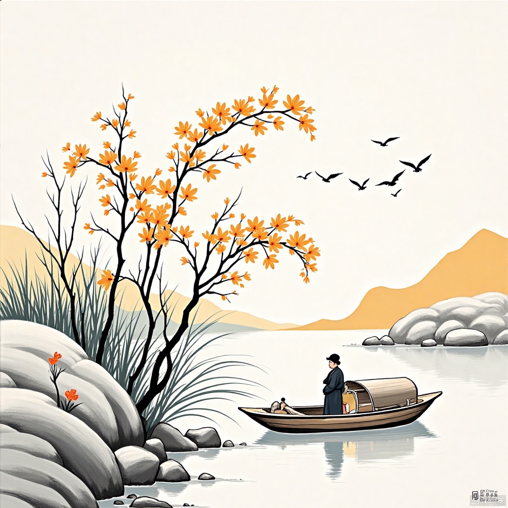 ,flowers,Model after the ancients,scenery,Ancient costume,Freehand Chinese painting with meticulou,Chinese style ink painting