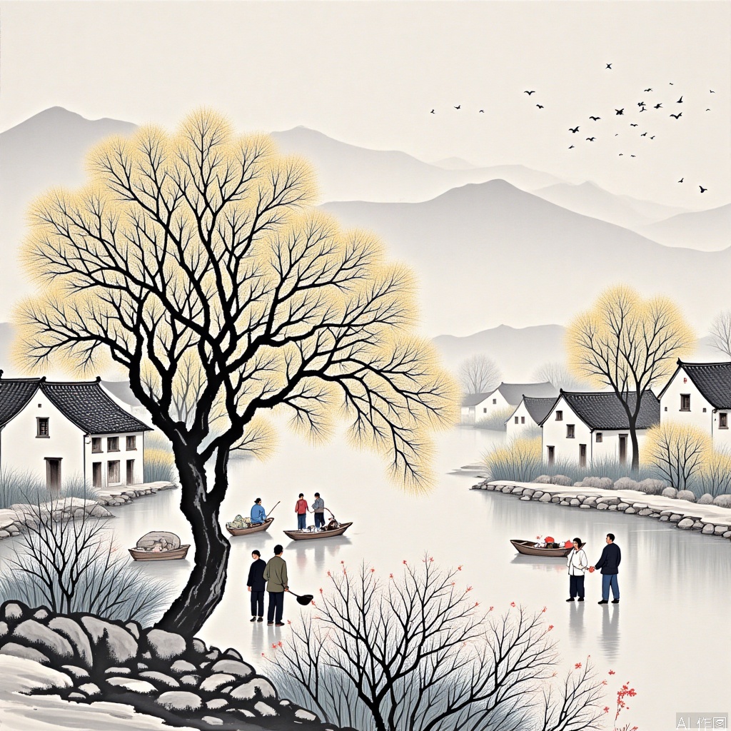 ,flowers,Model after the ancients,scenery,Ancient costume,Freehand Chinese painting with meticulou,Chinese style ink painting