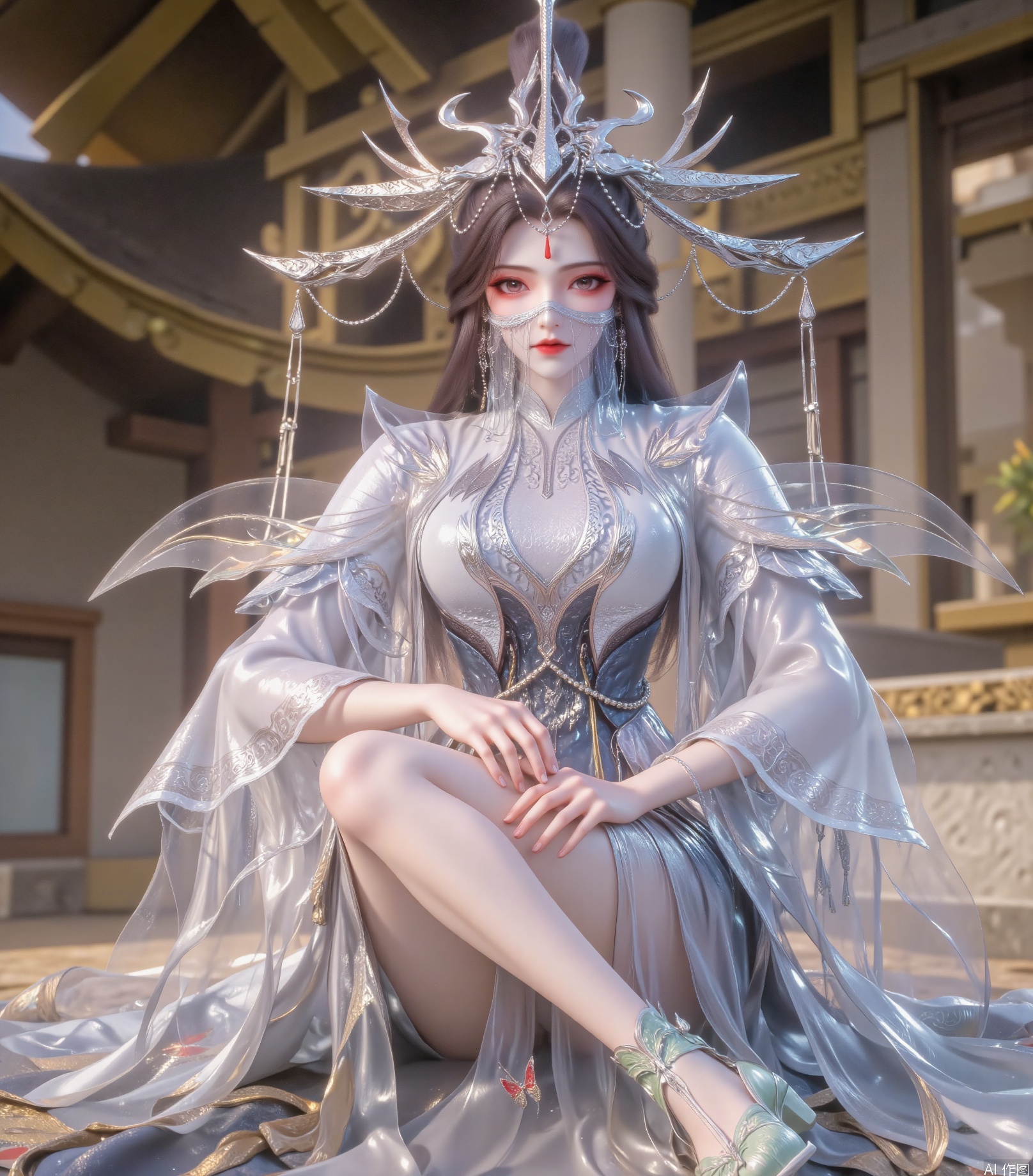 Young woman with long dark brown hair, gorgeous silver headdress, decorated with chains and geometric shapes, and a red pendant between her forehead. Wear a transparent finish with a white lace edge with silver chain decoration. She was wearing light gray clothing with exquisite patterns, a turtleneck design, transparent tulle and silver wing-shaped decoration on the shoulders, pearl chains and golden tassels decorative puff sleeves on the chest, transparent tulle material, a short skirt with a high-slit long swing, wearing light green Chinese shoes, red patterns and butterfly decoration on the upper, and light-colored straps at the ankles. Fair skin on legs,
