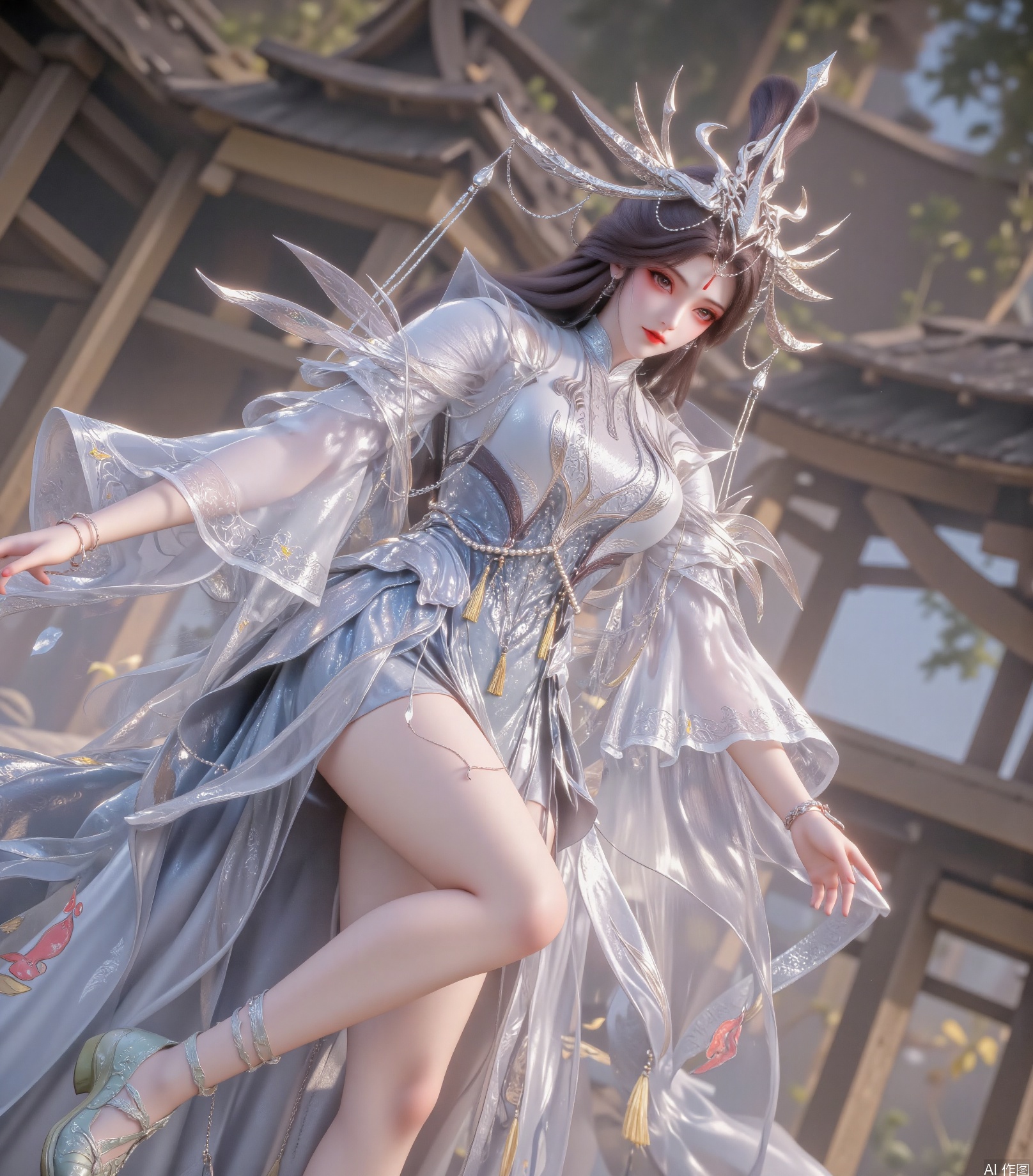 Young woman with long dark brown hair, gorgeous silver headdress, decorated with chains and geometric shapes, and a red pendant between her forehead. Wear a transparent finish with a white lace edge with silver chain decoration. She was wearing light gray clothing with exquisite patterns, a turtleneck design, transparent tulle and silver wing-shaped decoration on the shoulders, pearl chains and golden tassels decorative puff sleeves on the chest, transparent tulle material, a short skirt with a high-slit long swing, wearing light green Chinese shoes, red patterns and butterfly decoration on the upper, and light-colored straps at the ankles. Fair skin on legs,