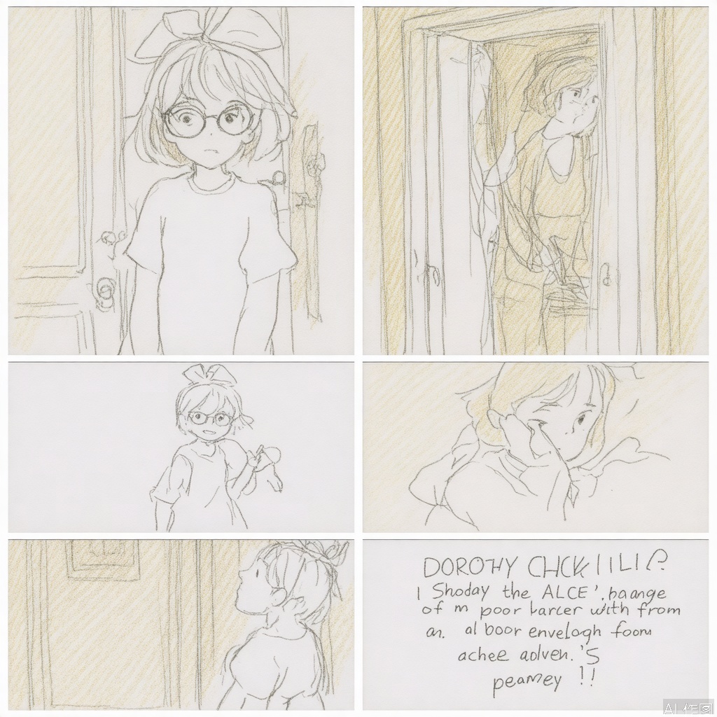 Scene 1: Dark Room
In a dimly lit room, a black-haired girl, DOROTHY, sits before a mirror. Her hair is in a thick braid, and she wears large black glasses. She asks the mirror who the most beautiful person is.
Scene 2: Mirror’s Reflection
The mirror shows DOROTHY’s face, partially hidden by long black bangs and glasses. Her lips are red and full, suggesting beauty beneath the gloom.
Scene 3: Revelation
DOROTHY smiles and says, “It’s me, Dorothy.” Suddenly, the door opens, flooding the room with sunlight.
Scene 4: Sister’s Entrance
ALICE, a blonde beauty, enters, brightness contrasting with the room’s darkness. She opens the curtains, dispelling the shadows.
Scene 5: Conflict
DOROTHY, now fully visible with pale skin, shields her eyes and accuses ALICE of stealing her inheritance. ALICE rolls her eyes.
Scene 6: Reality Check
ALICE interrupts DOROTHY’s dramatics, revealing their father is a poor wizard. She offers DOROTHY an envelope of allowance from their mother.
Scene 7: Acceptance
DOROTHY, despite her earlier rant, quickly accepts the money, revealing her true priorities. ALICE shakes her head, exasperated.