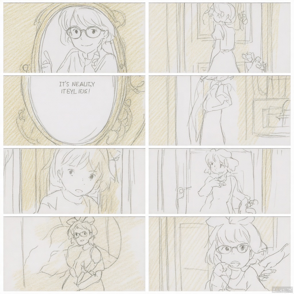 Scene 1: Dark Room
In a dimly lit room, a black-haired girl, DOROTHY, sits before a mirror. Her hair is in a thick braid, and she wears large black glasses. She asks the mirror who the most beautiful person is.
Scene 2: Mirror’s Reflection
The mirror shows DOROTHY’s face, partially hidden by long black bangs and glasses. Her lips are red and full, suggesting beauty beneath the gloom.
Scene 3: Revelation
DOROTHY smiles and says, “It’s me, Dorothy.” Suddenly, the door opens, flooding the room with sunlight.
Scene 4: Sister’s Entrance
ALICE, a blonde beauty, enters, brightness contrasting with the room’s darkness. She opens the curtains, dispelling the shadows.
Scene 5: Conflict
DOROTHY, now fully visible with pale skin, shields her eyes and accuses ALICE of stealing her inheritance. ALICE rolls her eyes.
Scene 6: Reality Check
ALICE interrupts DOROTHY’s dramatics, revealing their father is a poor wizard. She offers DOROTHY an envelope of allowance from their mother.
Scene 7: Acceptance
DOROTHY, despite her earlier rant, quickly accepts the money, revealing her true priorities. ALICE shakes her head, exasperated.
