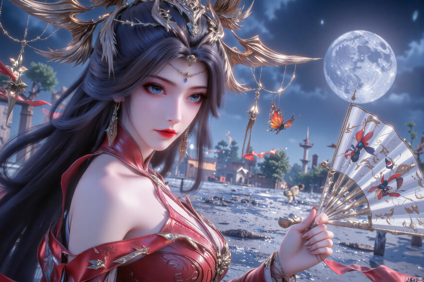 1girl, solo, long hair, looking at viewer, blue eyes, black hair, hair ornament, dress, holding, bare shoulders, jewelry, upper body, earrings, from side, makeup, moon, red dress, bug, butterfly, hand fan, full moon, realistic, red lips, holding fan