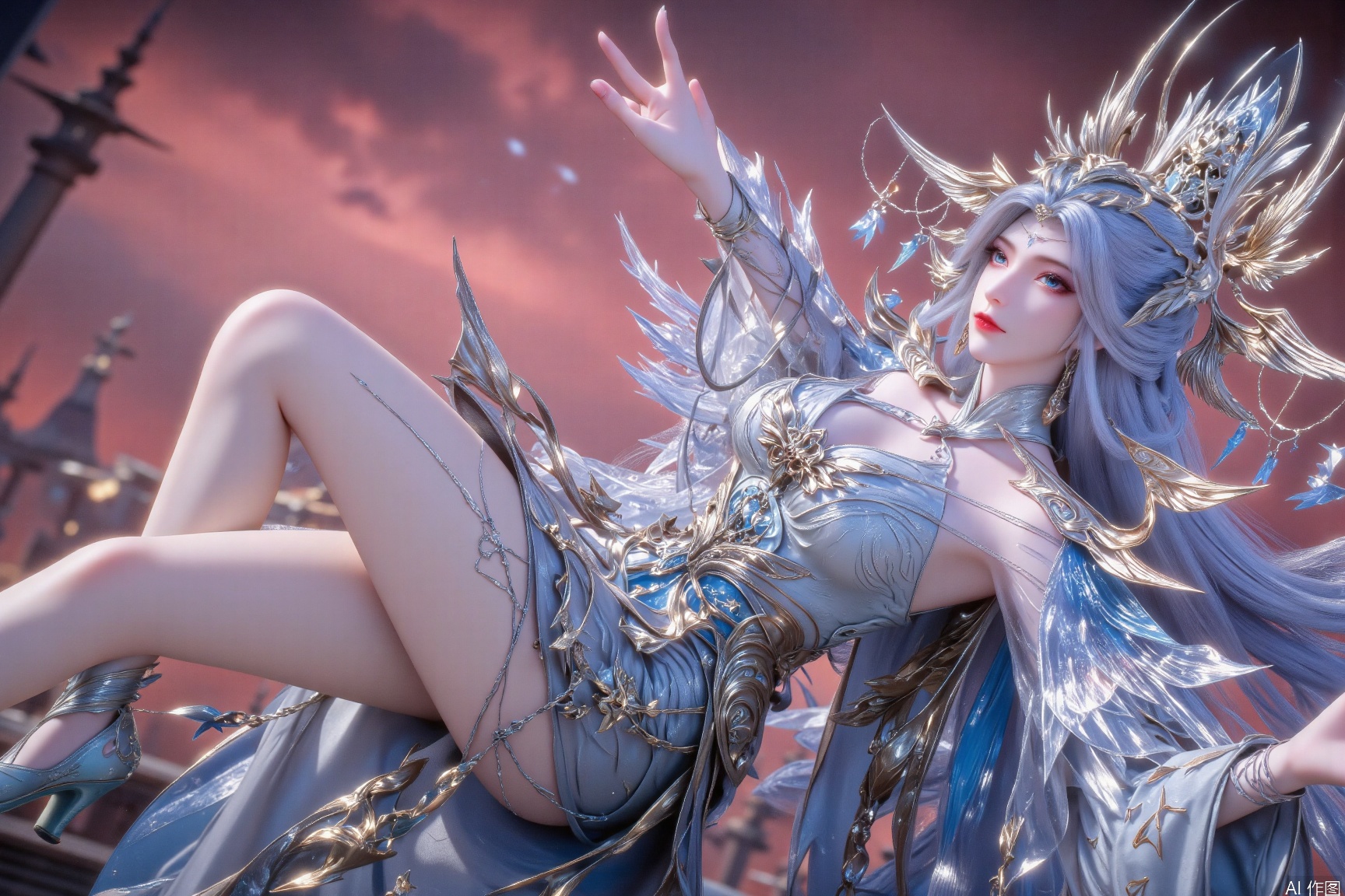 A young woman with long silver-gray hair, drooping blue eyes, bright and vivid, delicate eye makeup, thick and slender eyelashes, red smudges at the corners of her eyes, shiny highlights around her eyes, cherry mouth, silver curved decoration and blue pendant on her forehead, extremely gorgeous and complex golden and silver intersecting headdress, sharp wing-shaped and draped ornaments, blue pendant on her forehead, silver exquisite earrings, wearing blue gray gradient ancient style long skirt, with a large number of golden patterns and decorations, exquisite metal pattern shapes on her chest and waist, transparent tulle and wing-shaped decorations on her shoulders, one meter long legs, delicate and white skin, wearing light blue ancient style shoes, silver lines and flowers decorations on her shoes, silver chains at her ankles, and a blurred red and blue gradient tones, with dreamy light and shadow effect, ancient style fantasy style