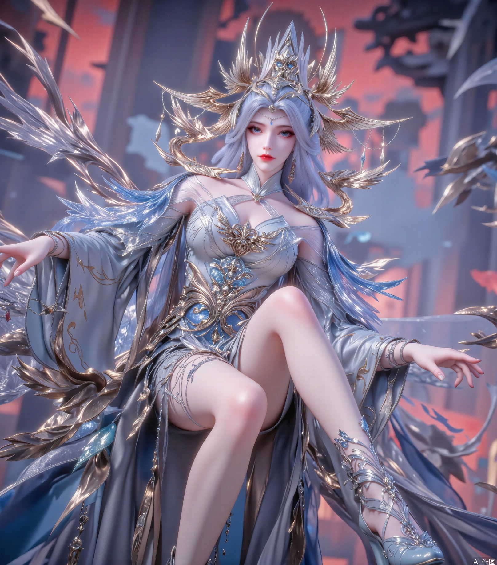 A young woman with long silver-gray hair, drooping blue eyes, bright and vivid, delicate eye makeup, thick and slender eyelashes, red smudges at the corners of her eyes, shiny highlights around her eyes, cherry mouth, silver curved decoration and blue pendant on her forehead, extremely gorgeous and complex golden and silver intersecting headdress, sharp wing-shaped and draped ornaments, blue pendant on her forehead, silver exquisite earrings, wearing blue gray gradient ancient style long skirt, with a large number of golden patterns and decorations, exquisite metal pattern shapes on her chest and waist, transparent tulle and wing-shaped decorations on her shoulders, one meter long legs, delicate and white skin, wearing light blue ancient style shoes, silver lines and flowers decorations on her shoes, silver chains at her ankles, and a blurred red and blue gradient tones, with dreamy light and shadow effect, ancient style fantasy style