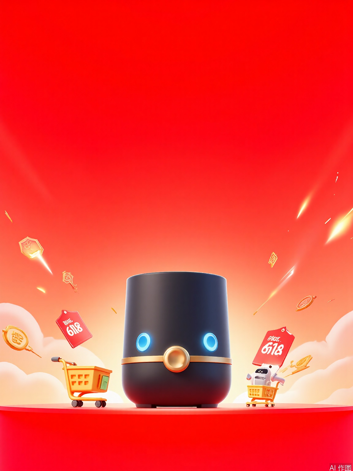 DSYX,
Digital illustration of a modern smart speaker against a lively red and gold background. The smart speaker is adorned with sleek gold accents and is placed in the center, with two glowing blue indicator lights on its front. Surrounding the speaker are various 618 e - commerce elements, such as golden shopping carts, red - bordered discount coupons, and a small robot figure holding a "618" sign. The background showcases a gradient sky with golden digital sparks representing data flow and a few floating cloud - shaped icons of popular apps. The overall style is high - tech and celebratory, emphasizing the fusion of modern technology and 618 shopping festivities.
