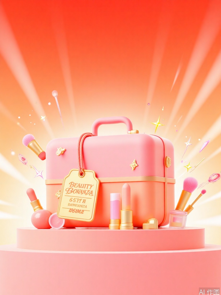 DSYX, A colorful, digital illustration of a vivid pink beauty case with a rose - gold tag that reads "BEAUTY BONANZA" in English and Chinese. The case has an elegant design with small icons of lipsticks and makeup brushes. Surrounding the case are colorful, sparkling cosmetics and beauty tools in different hues of pink, gold, and peach, generating a glamorous festive atmosphere. The background is a gradient of orange and peach, with warm light rays radiating from the center, boosting the feeling of luxury and beauty abundance. The overall style is playful and glamorous, highlighting beauty product sales and the allure of online beauty shopping during 618.

