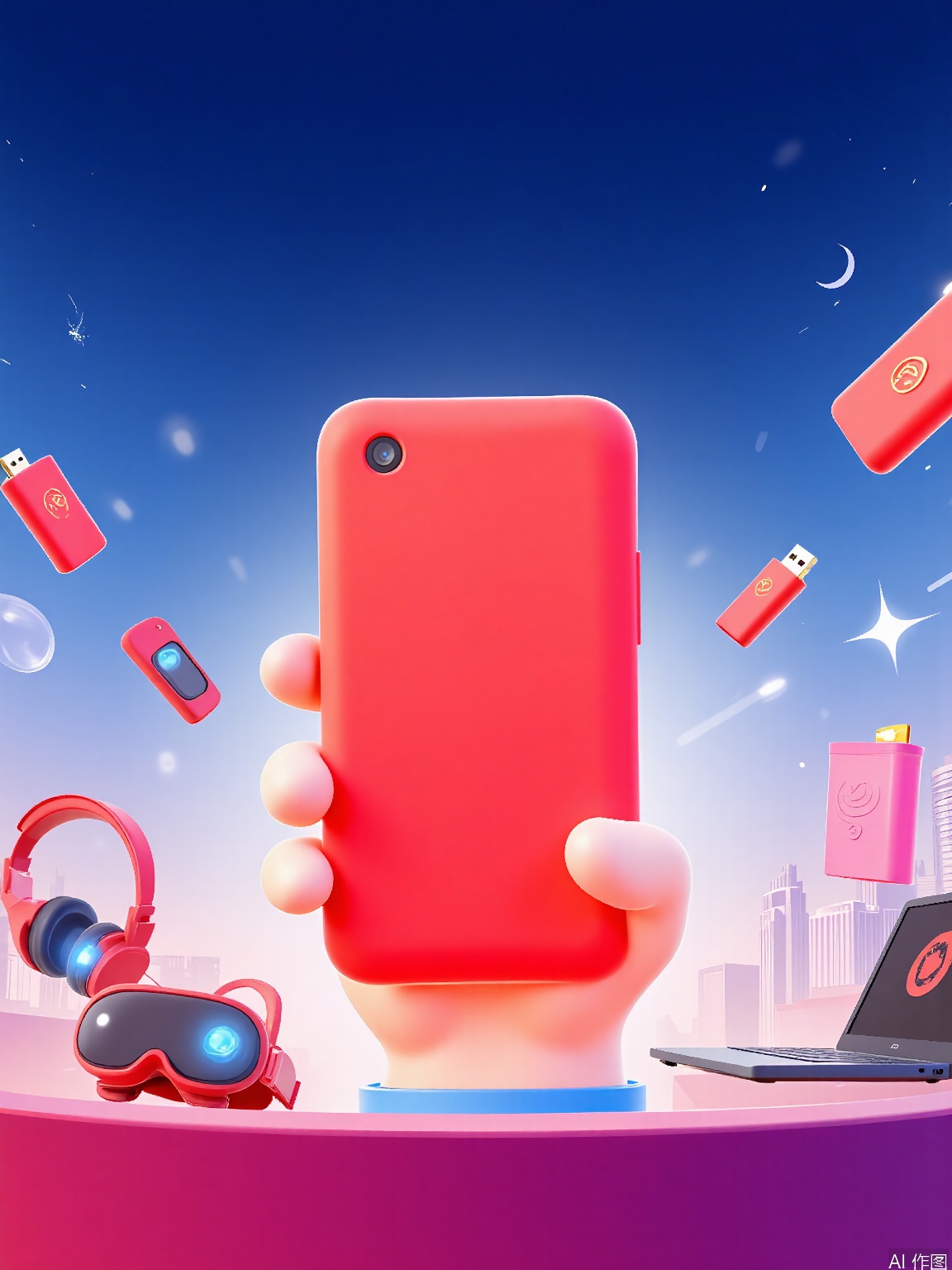 DSYX, A lively, multicolored digital illustration depicting a hand grasping a red, square - shaped smart device. The hand is placed in the center, making the device the focal point. Surrounding the hand are assorted tech - related items, such as a red gaming headset with glowing blue lights, a black laptop with a red logo, and a set of red - and - gold virtual reality goggles. There are also red tech accessories like USB drives and a pink power bank with a star - shaped design. The background is a gradient of blue and purple tones, with a futuristic cityscape of neon - lit buildings in the distance. The overall style is whimsical and high - tech, with a 3D, cartoon - like look, perfect for promoting 618 tech sales.

