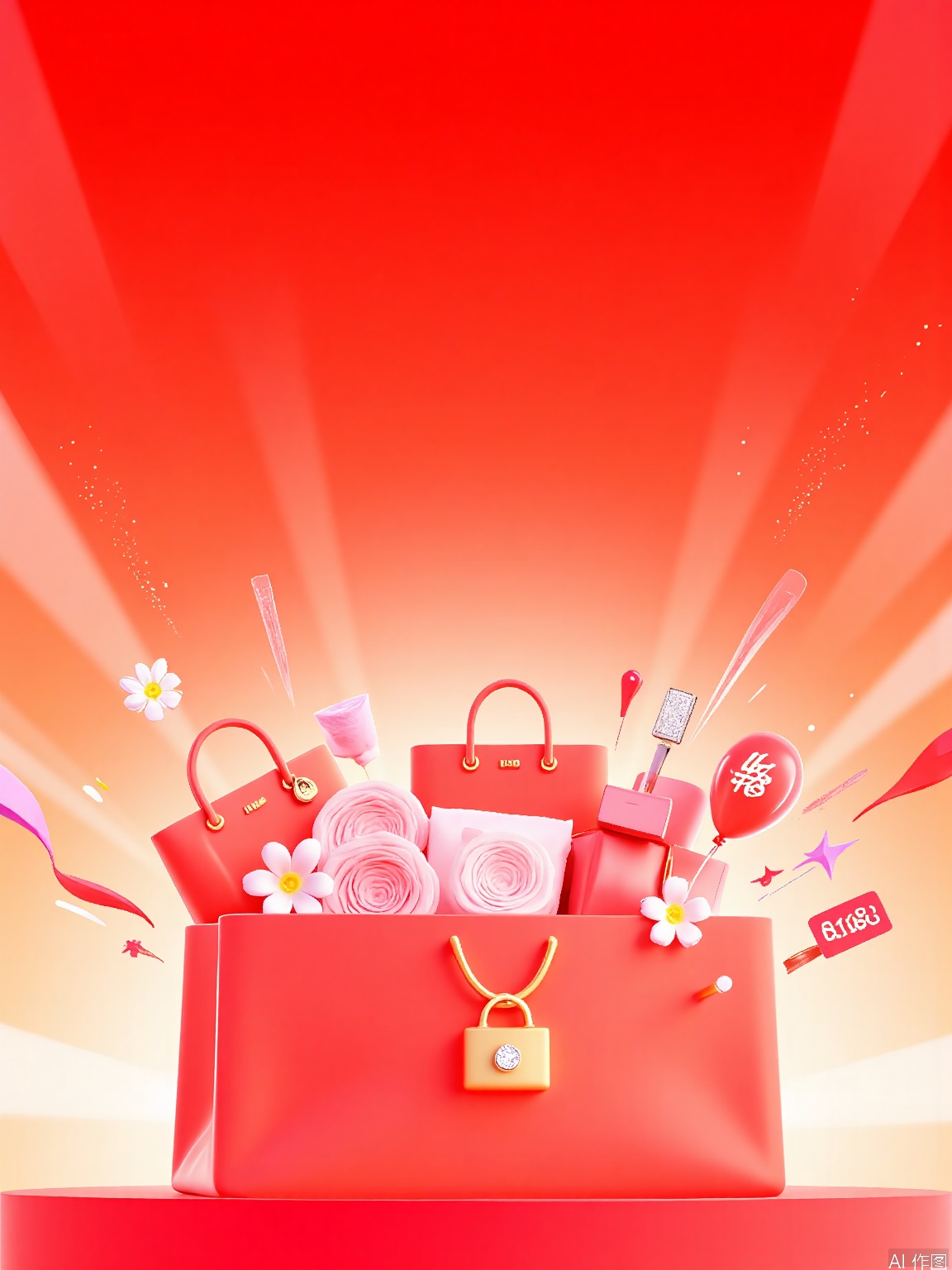 DSYX,
A colorful, digital illustration showcasing a red fashion shopping bag overflowing with trendy clothing and accessories. The bag is embellished with a crystal - encrusted lock and a matching key, a red designer handbag, a pink and white flower symbolizing elegance, a red and pink star representing style, and a red and pink balloon with a fashion - related hashtag. The background is a radiant gradient of red and orange, with additional flowers, stars, and fashion - themed confetti scattered everywhere. The image has a fashionable, celebratory feel, ideal for 618 fashion marketing.