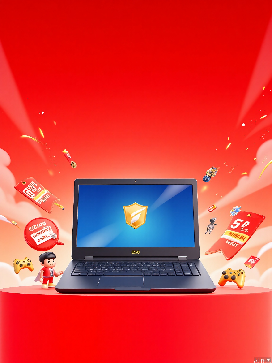 DSYX,
Digital illustration of a high - end gaming laptop against a dynamic red and gold background. The laptop has a shiny gold logo and is positioned in the center, with its keyboard backlit in a cool blue. Surrounding the laptop are various 618 e - commerce elements, such as golden game controllers, red - bordered game discount banners, and a small superhero - themed figurine with a "618 Gaming Deals" sign. The background displays a gradient sky with golden game - inspired particles swirling and a few cloud - shaped images of popular game characters. The overall style is energetic and celebratory, focusing on the excitement of 618 gaming sales.