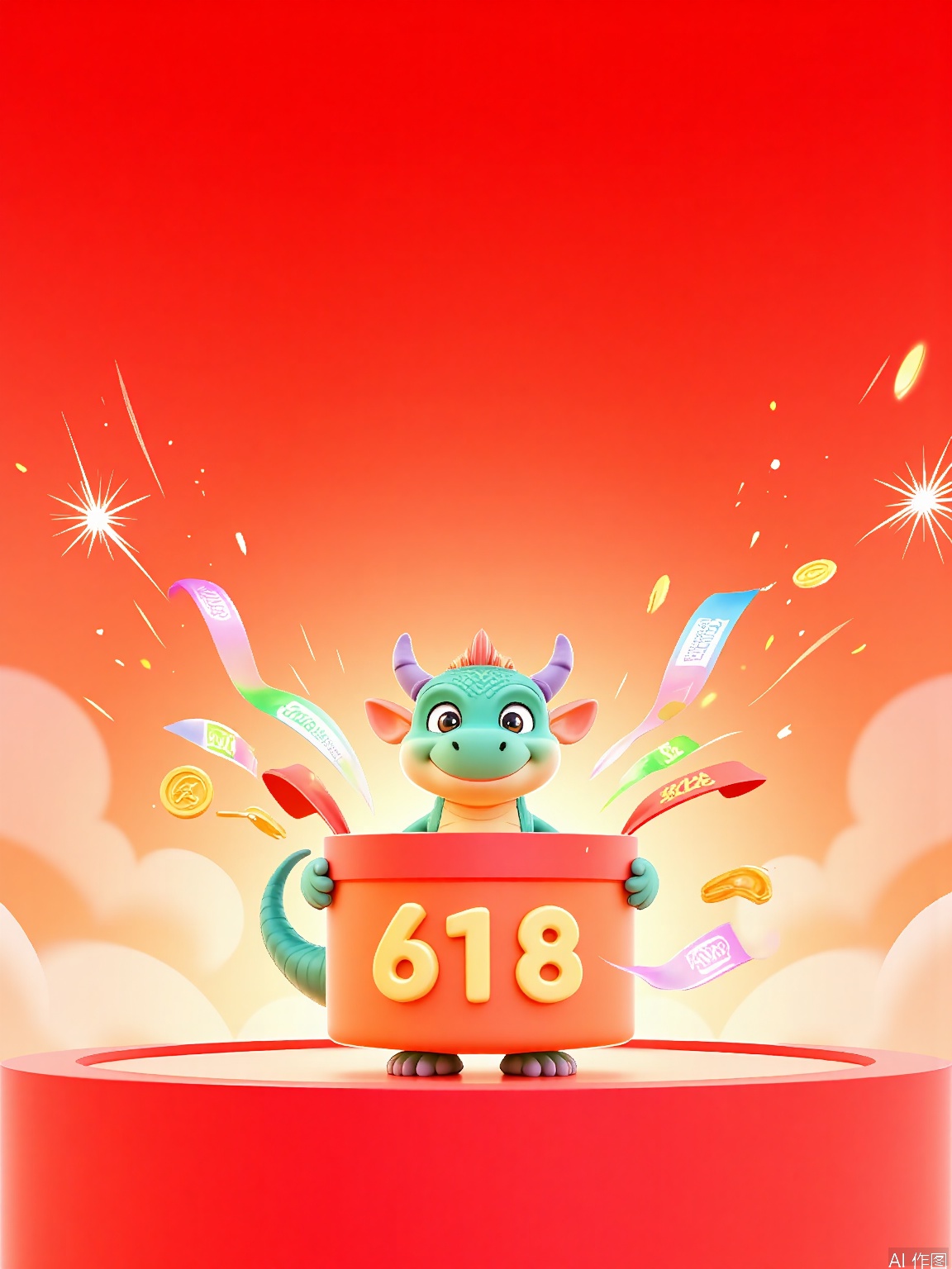 DSYX,
A 3D CGI depiction of a friendly dragon holding a large, hexagonal box with the number "618" in bold, glowing letters. When the box opens, streams of colorful ribbons with promo codes unfurl. The background is a fiery, gradient red - orange with sparks and small, golden coins raining down. The dragon has scales in shades of green and purple, and its eyes sparkle with mischief. The style is adventurous and spirited, using a warm, vibrant color palette.