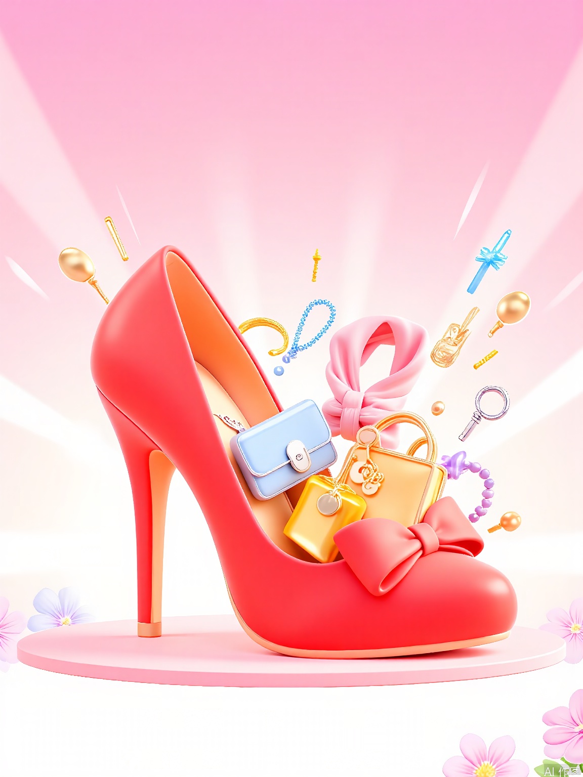 DSYX, A colorful, digital illustration showcasing a close - up of a red fashion shoe overflowing with different fashion accessories. The background is a gradient of pastel colors, changing from a soft lavender at the bottom to a light pink at the top, with a floral pattern radiating from the center. The shoe has a gold heel and a stylish red bow. The accessories include a pink silk scarf, a blue beaded necklace, a gold bracelet, a yellow hairpin, a purple handbag charm, and a silver keychain. The illustration is fashionable and playful, highlighting bright, cheerful hues and a feeling of style and variety for 618 fashion promotions.