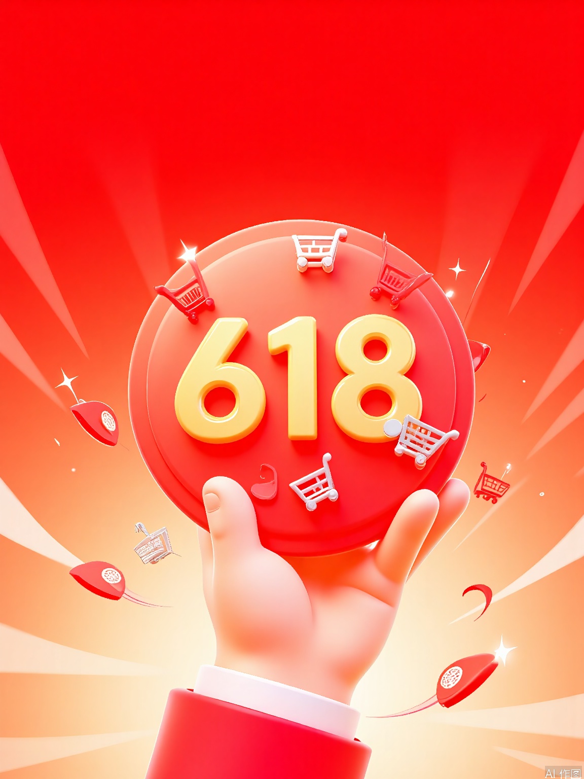 DSYX,
A dynamic, eye - catching digital illustration showcasing a hand grasping a shiny red circular badge marked "618". The badge is overflowing with tiny, red and silver shopping carts, some of which are zooming around in the air, adding a touch of liveliness. The background is a gradient of warm red and gold, amplifying the festive mood. The hand is held high, as if presenting a great offer. The overall style is lively and energetic, blending bold and metallic hues. The image exudes a sense of grandeur and shopping fervor.


