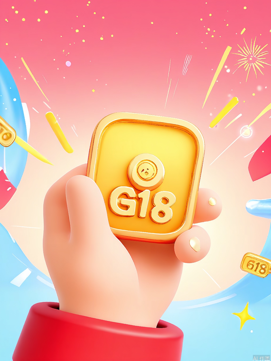 DSYX, A vivid digital illustration showcasing a large, red smartwatch with gold bezels and a gold - plated screen displaying "618". The smartwatch is decorated with sleek geometric patterns and a small, golden tech - inspired emblem. Surrounding the smartwatch are multiple digital golden coupons and a blue digital wave symbolizing connectivity. The background is a gradient of red and blue tones with digital sparkles, creating a high - tech and celebratory mood. The style is sleek and contemporary, highlighting technology and savings. The composition is well - balanced and eye - catching, emphasizing the fusion of modern tech and 618 shopping benefits.
