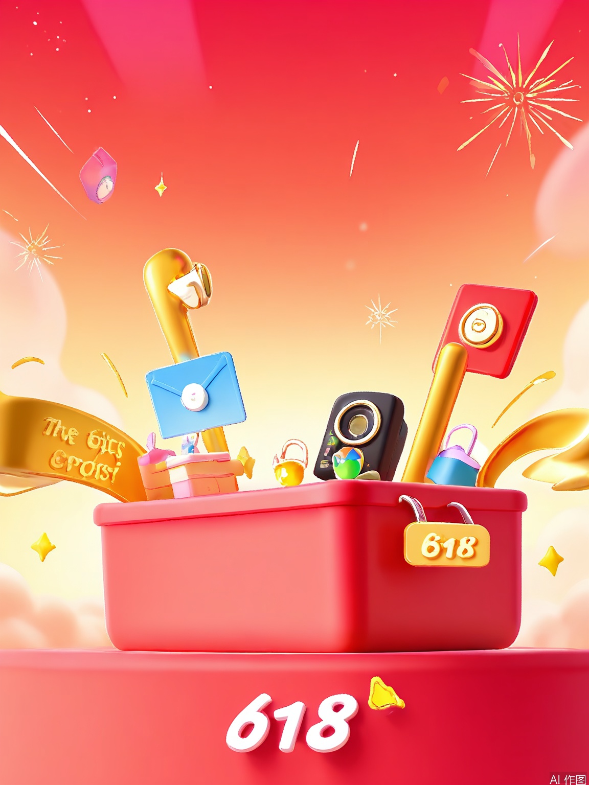 DSYX, Digital illustration of a modern smart speaker against a lively red and gold background. The smart speaker is adorned with sleek gold accents and is placed in the center, with two glowing blue indicator lights on its front. Surrounding the speaker are various 618 e - commerce elements, such as golden shopping carts, red - bordered discount coupons, and a small robot figure holding a "618" sign. The background showcases a gradient sky with golden digital sparks representing data flow and a few floating cloud - shaped icons of popular apps. The overall style is high - tech and celebratory, emphasizing the fusion of modern technology and 618 shopping festivities.

