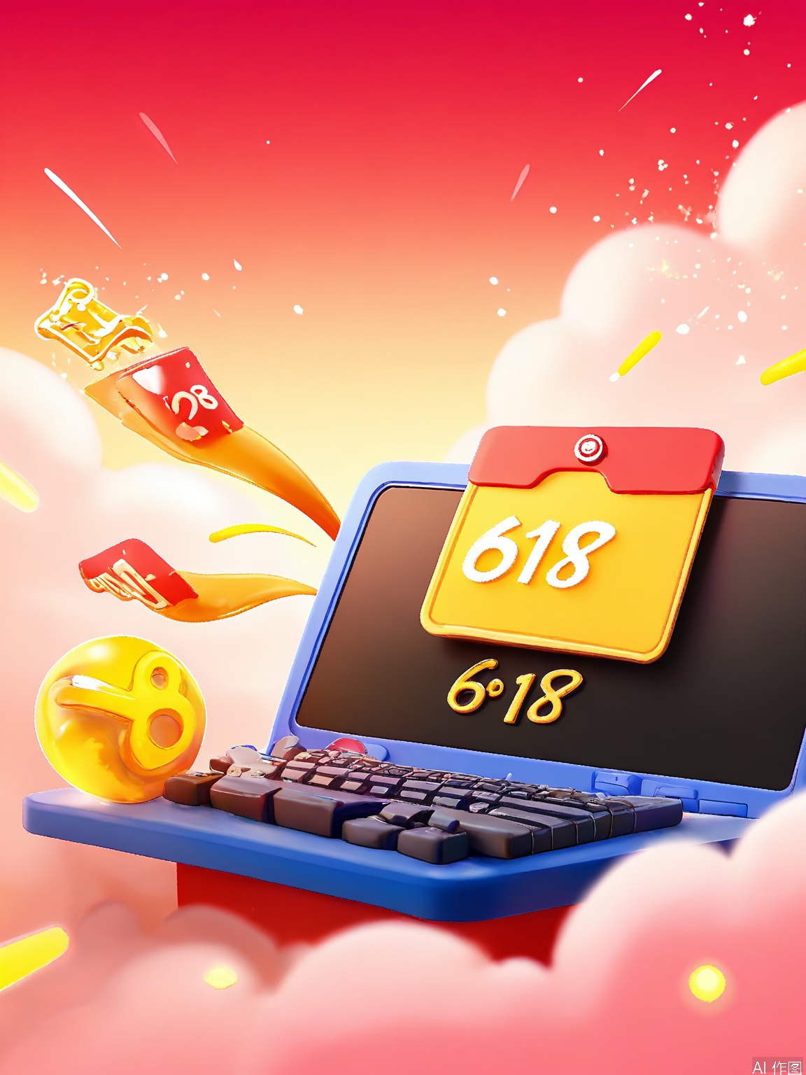 DSYX, Digital illustration of a high - end gaming laptop against a dynamic red and gold background. The laptop has a shiny gold logo and is positioned in the center, with its keyboard backlit in a cool blue. Surrounding the laptop are various 618 e - commerce elements, such as golden game controllers, red - bordered game discount banners, and a small superhero - themed figurine with a "618 Gaming Deals" sign. The background displays a gradient sky with golden game - inspired particles swirling and a few cloud - shaped images of popular game characters. The overall style is energetic and celebratory, focusing on the excitement of 618 gaming sales.
