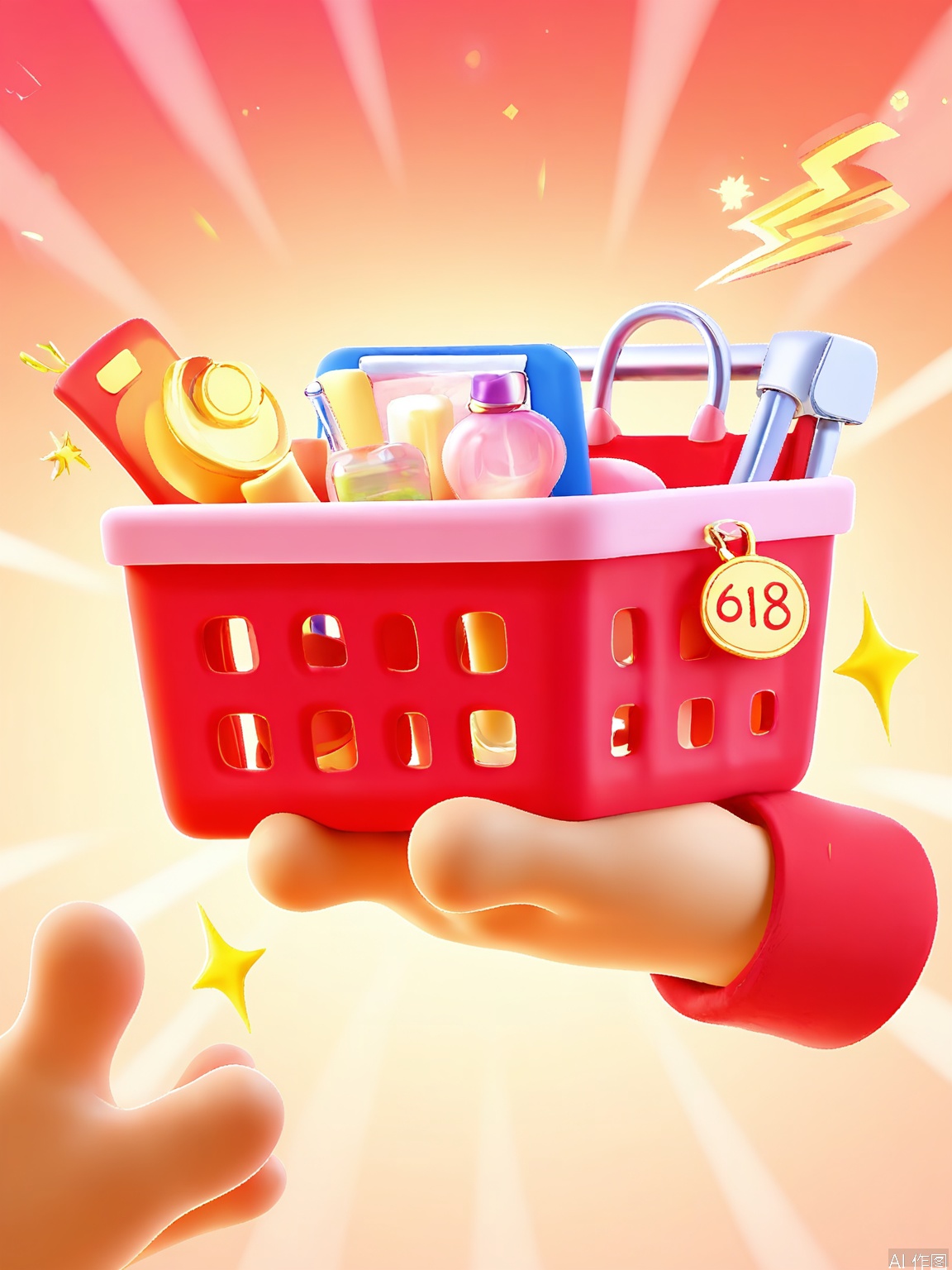 DSYX, A dynamic, eye - catching digital illustration showcasing a hand grasping a shiny red circular badge marked "618". The badge is overflowing with tiny, red and silver shopping carts, some of which are zooming around in the air, adding a touch of liveliness. The background is a gradient of warm red and gold, amplifying the festive mood. The hand is held high, as if presenting a great offer. The overall style is lively and energetic, blending bold and metallic hues. The image exudes a sense of grandeur and shopping fervor.
