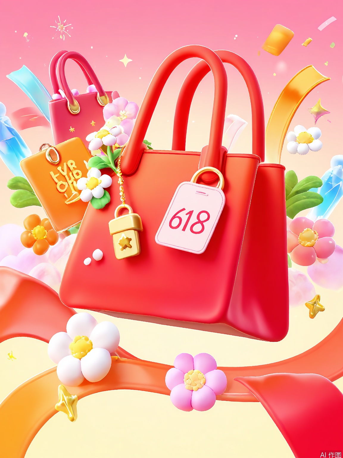 DSYX, A colorful, digital illustration showcasing a red fashion shopping bag overflowing with trendy clothing and accessories. The bag is embellished with a crystal - encrusted lock and a matching key, a red designer handbag, a pink and white flower symbolizing elegance, a red and pink star representing style, and a red and pink balloon with a fashion - related hashtag. The background is a radiant gradient of red and orange, with additional flowers, stars, and fashion - themed confetti scattered everywhere. The image has a fashionable, celebratory feel, ideal for 618 fashion marketing.
