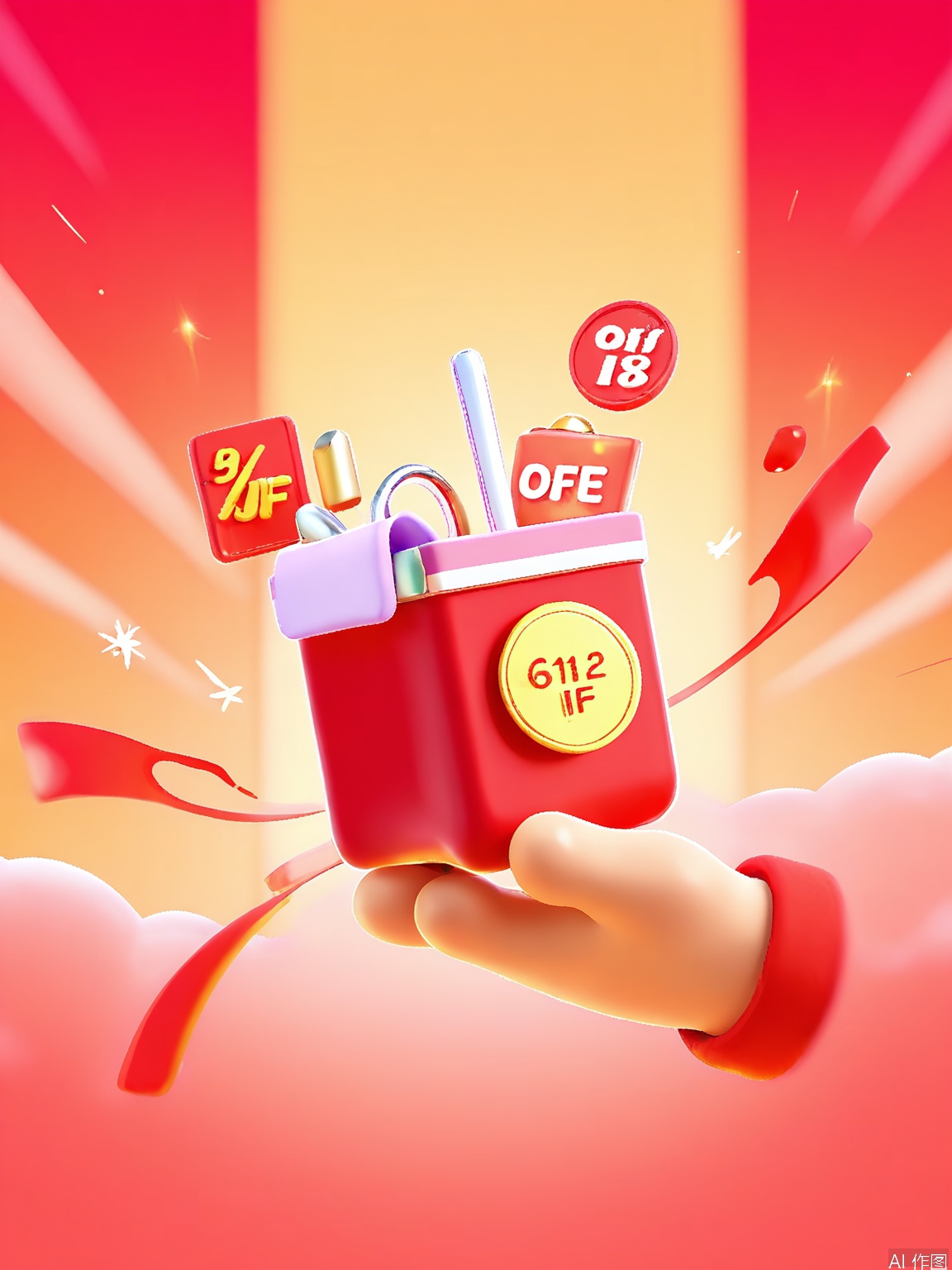 DSYX, A dynamic, eye - catching digital illustration showcasing a hand grasping a shiny red circular badge marked "618". The badge is overflowing with tiny, red and silver shopping carts, some of which are zooming around in the air, adding a touch of liveliness. The background is a gradient of warm red and gold, amplifying the festive mood. The hand is held high, as if presenting a great offer. The overall style is lively and energetic, blending bold and metallic hues. The image exudes a sense of grandeur and shopping fervor.
