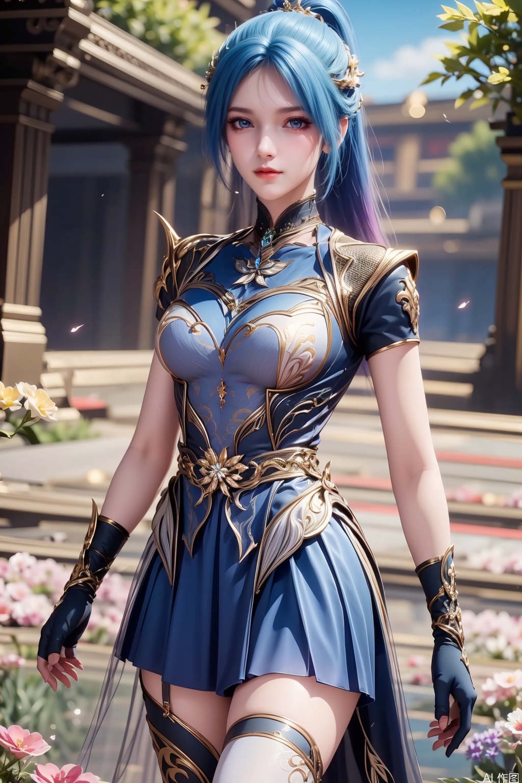1girl, solo, long hair, blue eyes, hair ornament, dress, closed mouth, blue hair, ponytail, multicolored hair, gradient hair,masterpiece,best quality,official art,extremely detailed CG unity 8k wallpaper,Thigh exposed,thighhighs,looking at viewer,flower field,