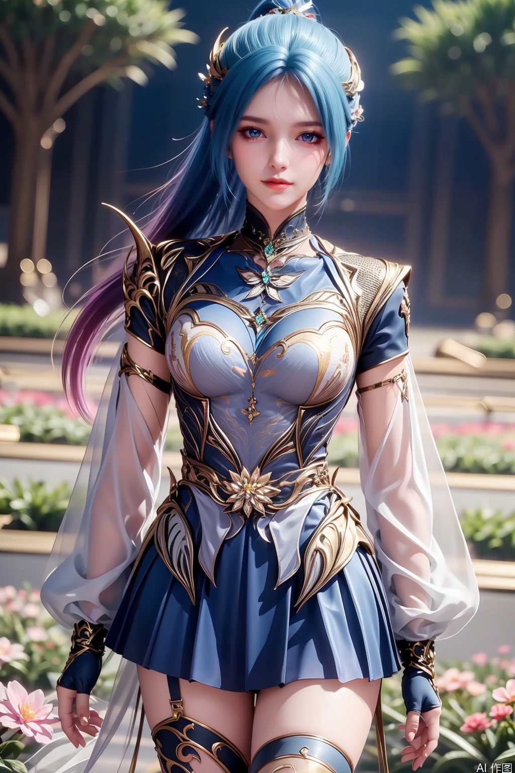 1girl, solo, long hair, blue eyes, hair ornament, dress, closed mouth, blue hair, ponytail, multicolored hair, gradient hair,masterpiece,best quality,official art,extremely detailed CG unity 8k wallpaper,Thigh exposed,thighhighs,looking at viewer,flower field,