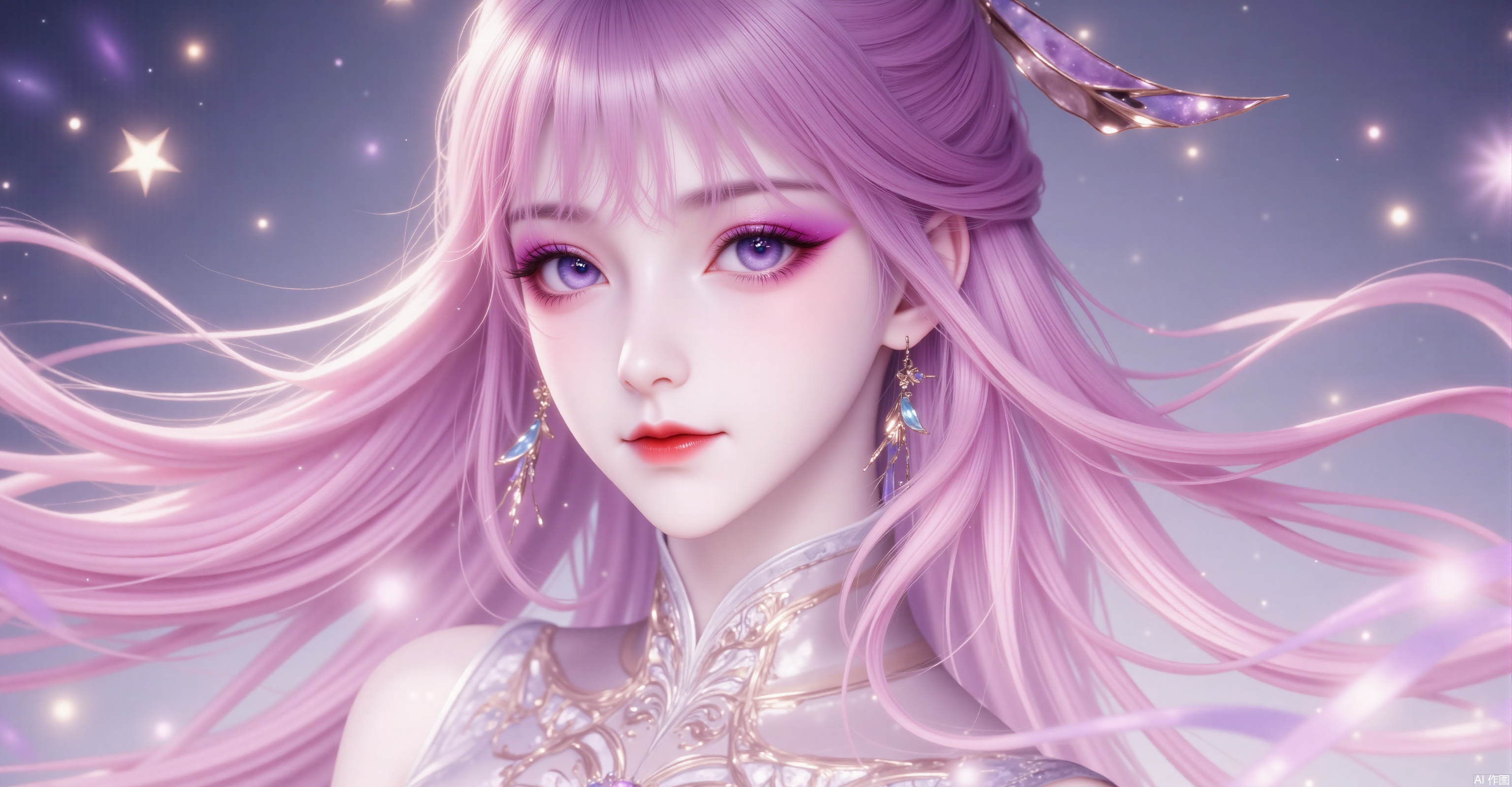 This is a dreamy-style illustration featuring a character with long pink hair that flows freely,occupying about one-third of the entire image.The pink hair naturally lifts,appearing lifelike and vivid.The hair is adorned with star-shaped accessories.Her eyes are large and bright,with purple eyeshadow that makes her look very enchanting.Her skin is fair,and she is dressed in a light pink gauzy dress.The overall color palette is soft,and there are twinkling light spots in the background,creating a mysterious and romantic atmosphere.This style is particularly suitable for AI-generated images,especially for scenes that require dreamy,romantic,or mysterious elements.