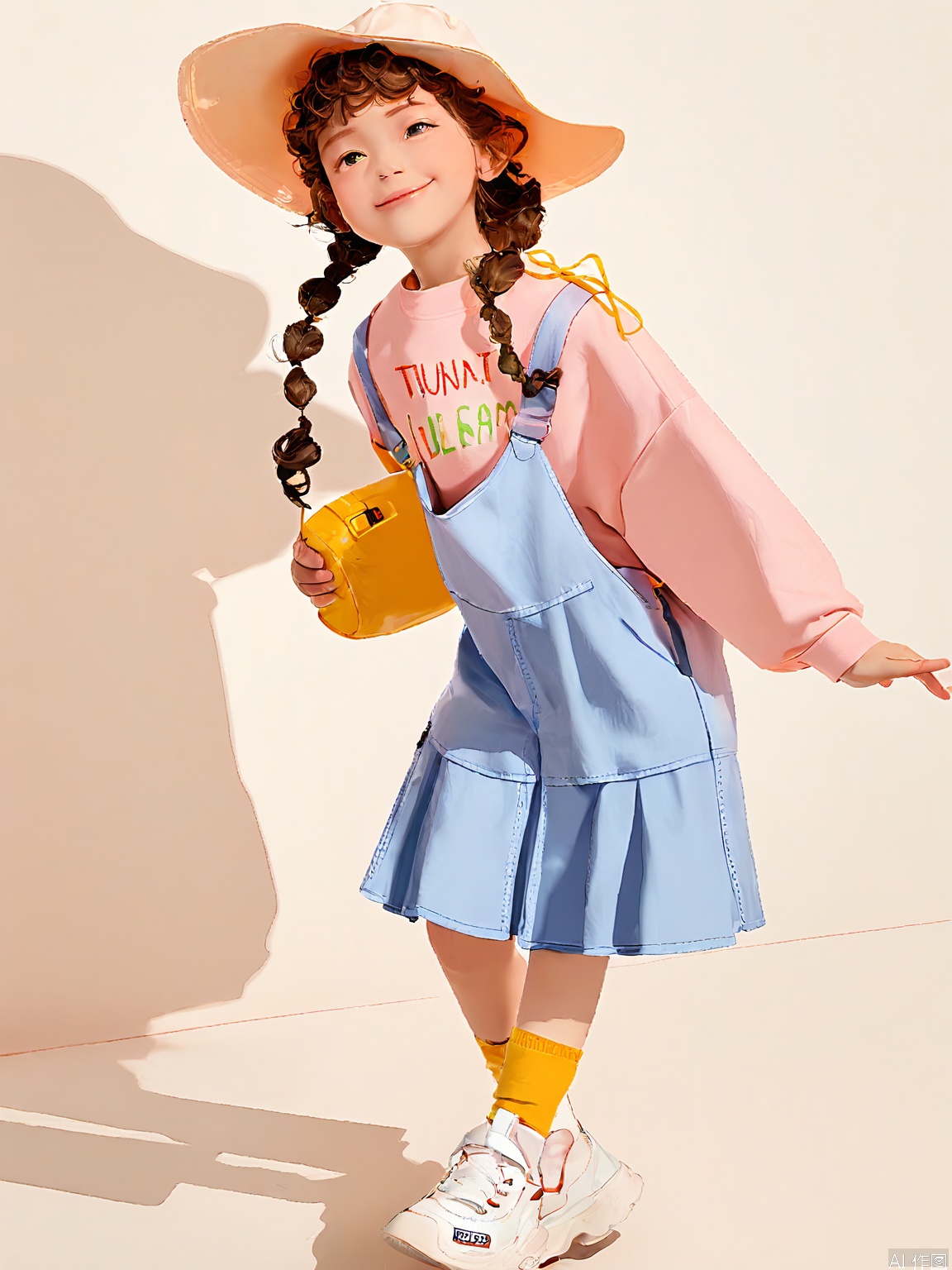 ETMT, Photo of a young girl with curly brown hair in braids, wearing a large, floppy, yellow and white hat, a cream-colored sweater with colorful, whimsical text and graphics, and a light blue, pleated skirt. She is also wearing white sneakers with yellow socks. The girl is walking confidently, smiling, with a playful and carefree expression. The background is a plain white studio setting with a minimalistic, clean aesthetic. The lighting is bright and even, emphasizing the girl's cheerful demeanor. The overall style is casual and playful.
