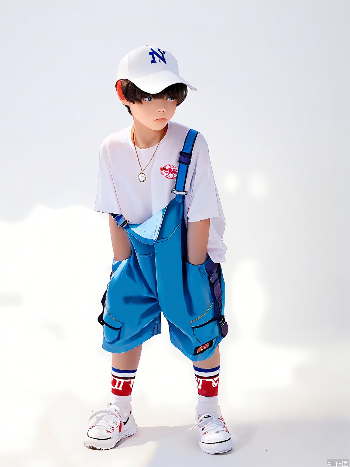 ETMT, A young boy stands against a plain white background, wearing a white t-shirt with a small logo on the chest, blue shorts, white socks with red and blue stripes, and white sneakers. He has a white baseball cap with a blue "NY" logo on it, and he wears a long gold necklace with a circular pendant. The boy has short, dark hair and a neutral expression. The overall style is casual and modern, with a minimalist aesthetic. The image is a high-quality photograph.
