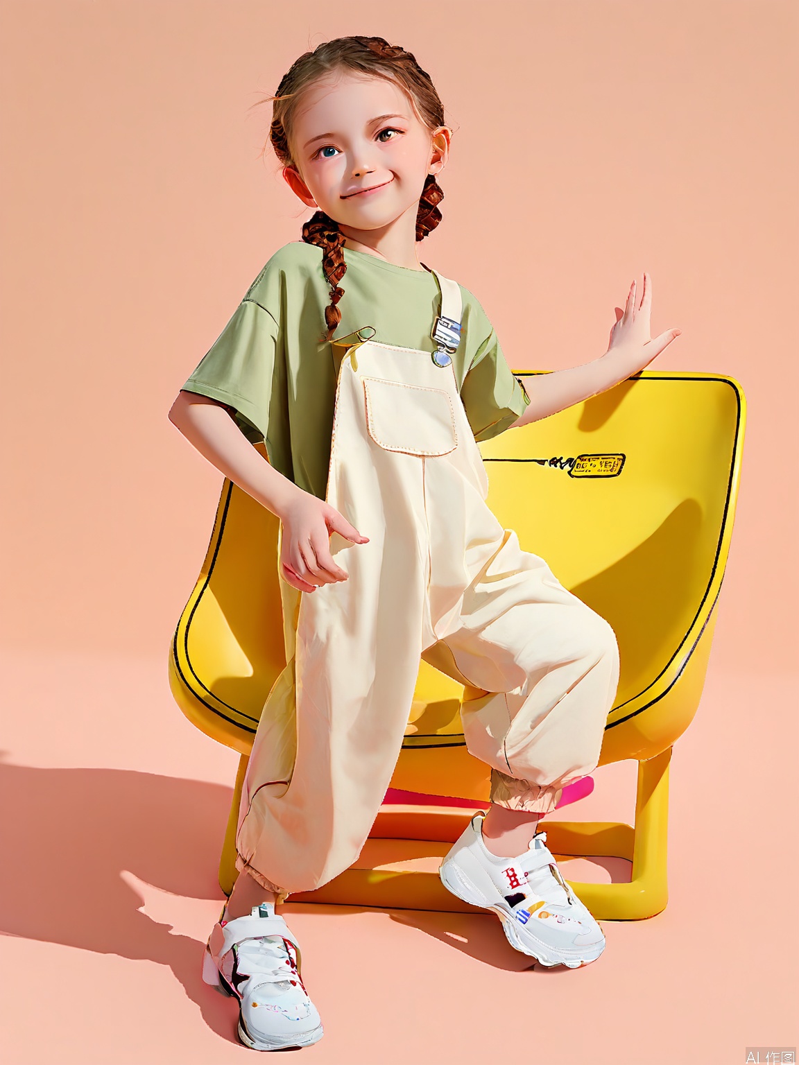 ETMT, A young girl with long, braided hair stands confidently in a bright, colorful studio. She wears a loose, olive green t-shirt with a playful red cat design, and beige pants adorned with a cheerful smiley face. Her sneakers are gray with white accents. She stands with one leg bent, one hand on her hip, and the other hand raised, as if in a playful pose. The background is a gradient of pastel pink and yellow, with a yellow plastic chair on the right side. The lighting is soft and even, casting gentle shadows. The overall mood is fun and youthful.
