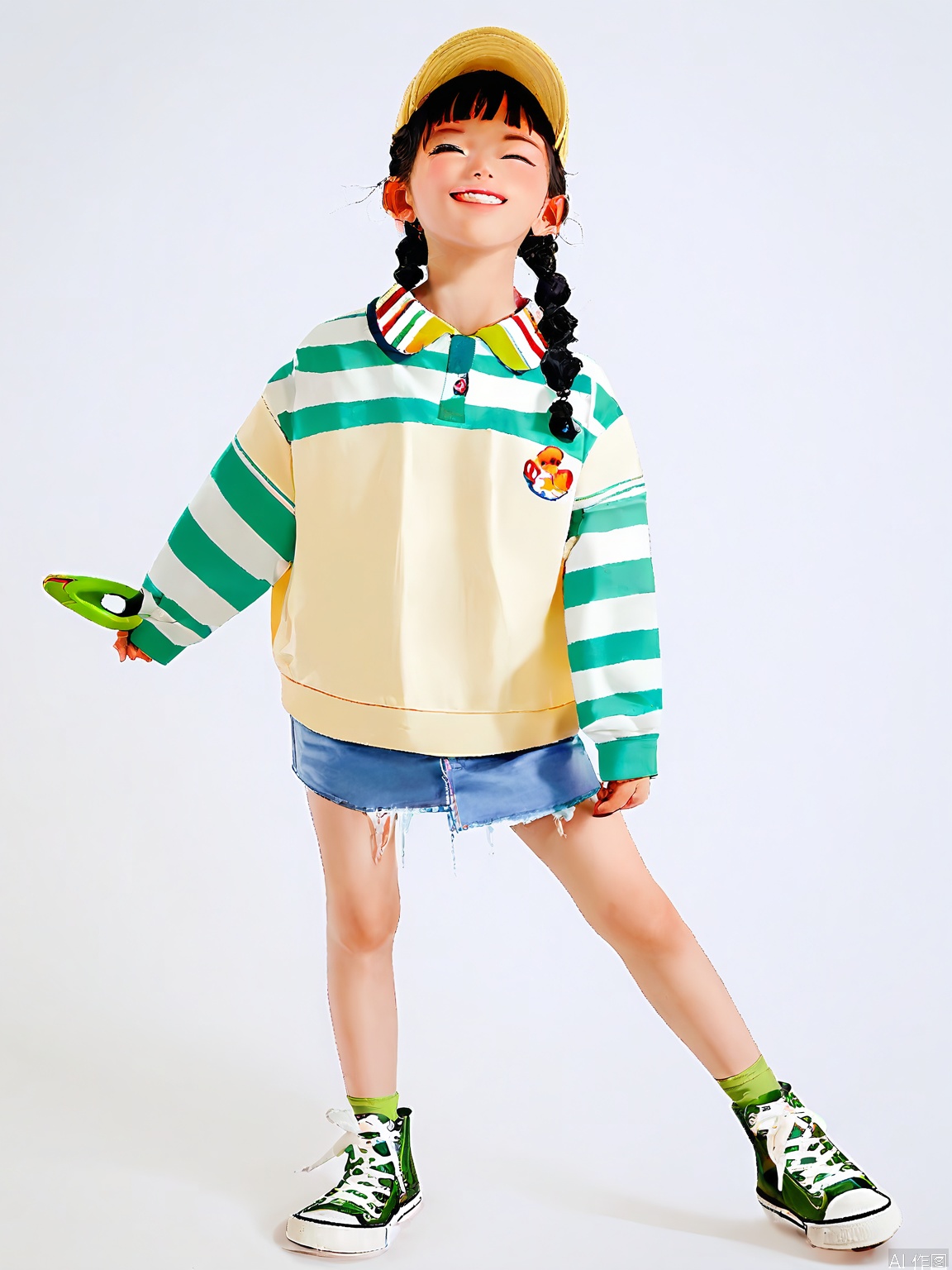 ETMT, Photo of a young girl with long, curly black hair styled in two braids, wearing a light yellow baseball cap, a green and white striped polo shirt, and a light blue denim skirt. She is also wearing green and white high-top sneakers with white laces. The girl is standing against a plain white background, smiling and looking slightly to the side, with one hand holding her braid. The image is bright and colorful, with a casual and playful vibe.
