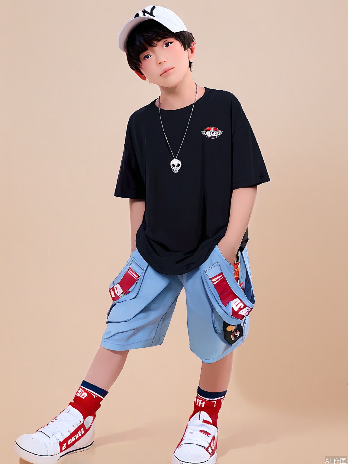 ETMT, A young boy stands confidently in front of a plain white background, wearing a black t-shirt with a small red and white logo on the left chest, black shorts, white sneakers with red accents, and a white cap with a black "NY" logo. He has short dark hair and is wearing multiple necklaces, including a silver chain with a small pendant and another with a skull charm. The boy's hands are in his shorts pockets, and he has a relaxed, casual stance. The overall aesthetic is trendy and youthful.
