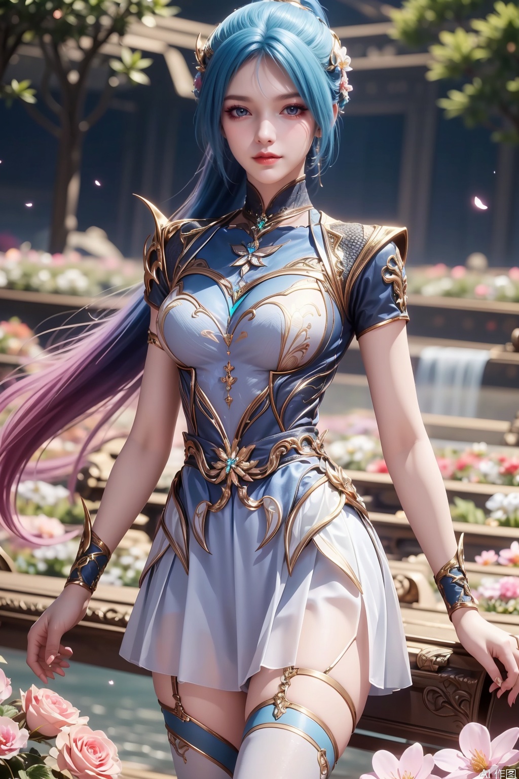 1girl, solo, long hair, blue eyes, hair ornament, dress, closed mouth, blue hair, ponytail, multicolored hair, gradient hair,masterpiece,best quality,official art,extremely detailed CG unity 8k wallpaper,Thigh exposed,thighhighs,looking at viewer,flower field,